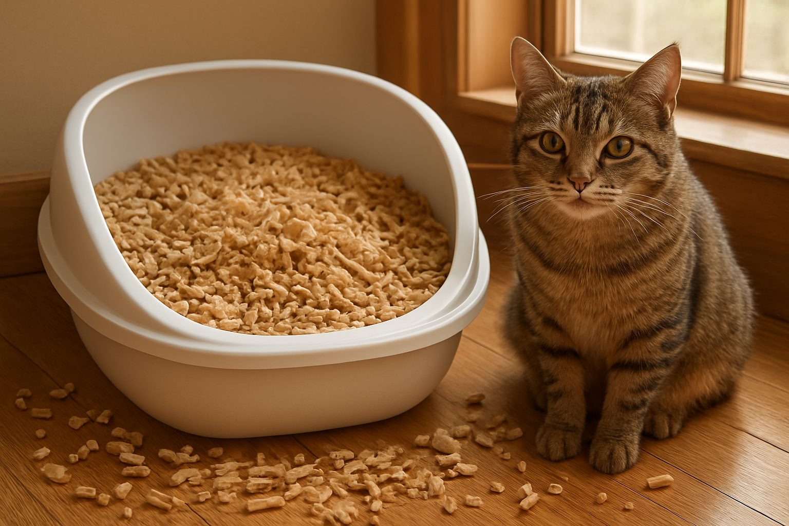Create a realistic image of a cozy indoor scene featuring a modern cat litter box filled with natural wood pellets and wood shavings, with a content tabby cat sitting nearby on a wooden floor, surrounded by scattered pine wood pellets, cedar shavings, and small wooden chips, with warm natural lighting streaming through a window, creating a clean and fresh atmosphere that emphasizes the natural wood texture and odor-controlling properties, absolutely NO text should be in the scene.