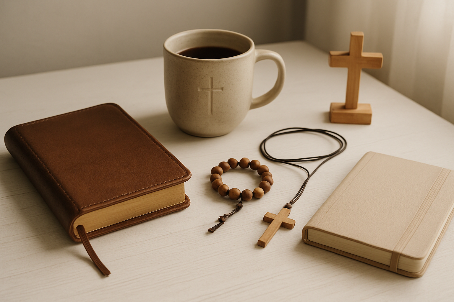 Create a realistic image of a neatly arranged collection of practical Christian faith items on a clean white wooden table, including a leather-bound daily devotional book, a ceramic coffee mug with a subtle cross design, a wooden prayer bracelet, a minimalist cross necklace, a faith-themed daily planner, and a small wooden cross desk decoration, with soft natural lighting from a nearby window creating gentle shadows, warm and peaceful atmosphere, absolutely NO text should be in the scene.