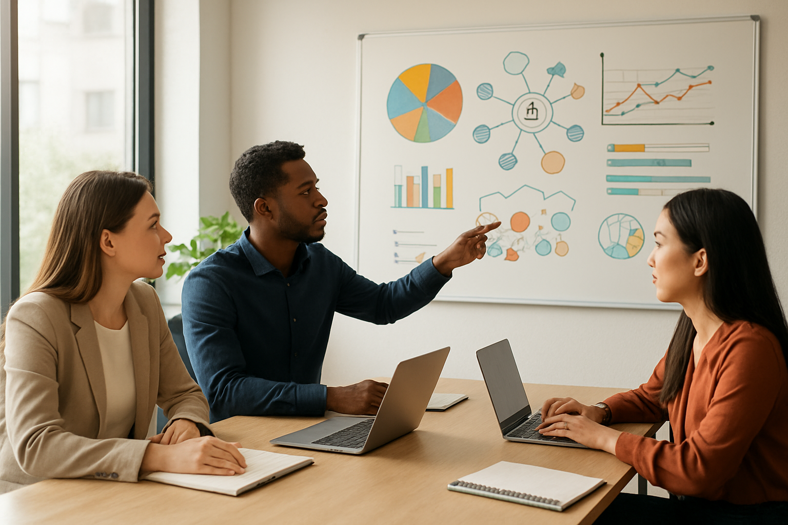 Create a realistic image of a diverse group of people including a white female, black male, and Asian female sitting around a modern conference table in a bright office space, with one person pointing to a large whiteboard that displays colorful diagrams, charts, and mind maps showing community structure and audience demographics, warm natural lighting from large windows, professional yet collaborative atmosphere, laptops and notebooks scattered on the table, absolutely NO text should be in the scene.