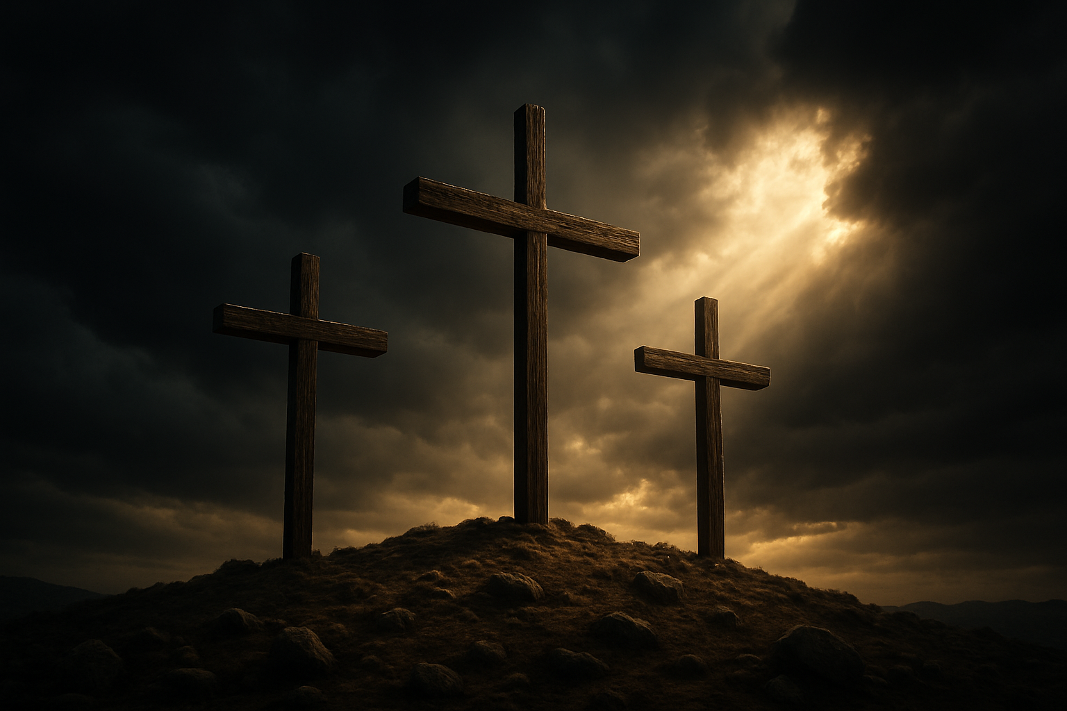 Create a realistic image of three wooden crosses on a hill against a dark, stormy sky with dramatic lighting breaking through heavy clouds, the central cross slightly taller than the others, rough wooden texture visible on all crosses, barren rocky ground with scattered stones, somber and reverent atmosphere with golden sunlight piercing through storm clouds in the background, emphasizing the weight and solemnity of the sacrifice, absolutely NO text should be in the scene.