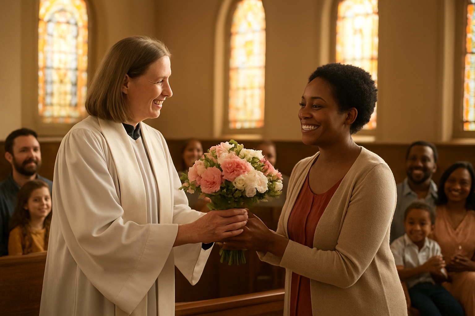 Create a realistic image of a warm church interior during a Mother's Day celebration showing a white female pastor presenting a beautiful bouquet of pink and white flowers to a smiling black female congregant while other diverse families with mothers and children watch appreciatively from wooden pews, soft natural light streaming through stained glass windows creating a reverent atmosphere, with the scene capturing a moment of special recognition and honor. Absolutely NO text should be in the scene.