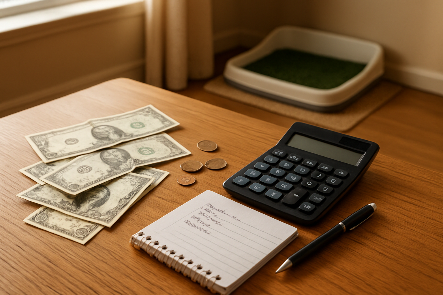 Create a realistic image of a clean wooden table surface with scattered dollar bills, coins, a calculator, a notepad with handwritten budget notes, and a pen, alongside a small porch potty setup for dogs visible in the background corner, featuring warm natural lighting from a nearby window, with a cozy indoor setting that suggests careful financial planning and budgeting. Absolutely NO text should be in the scene.