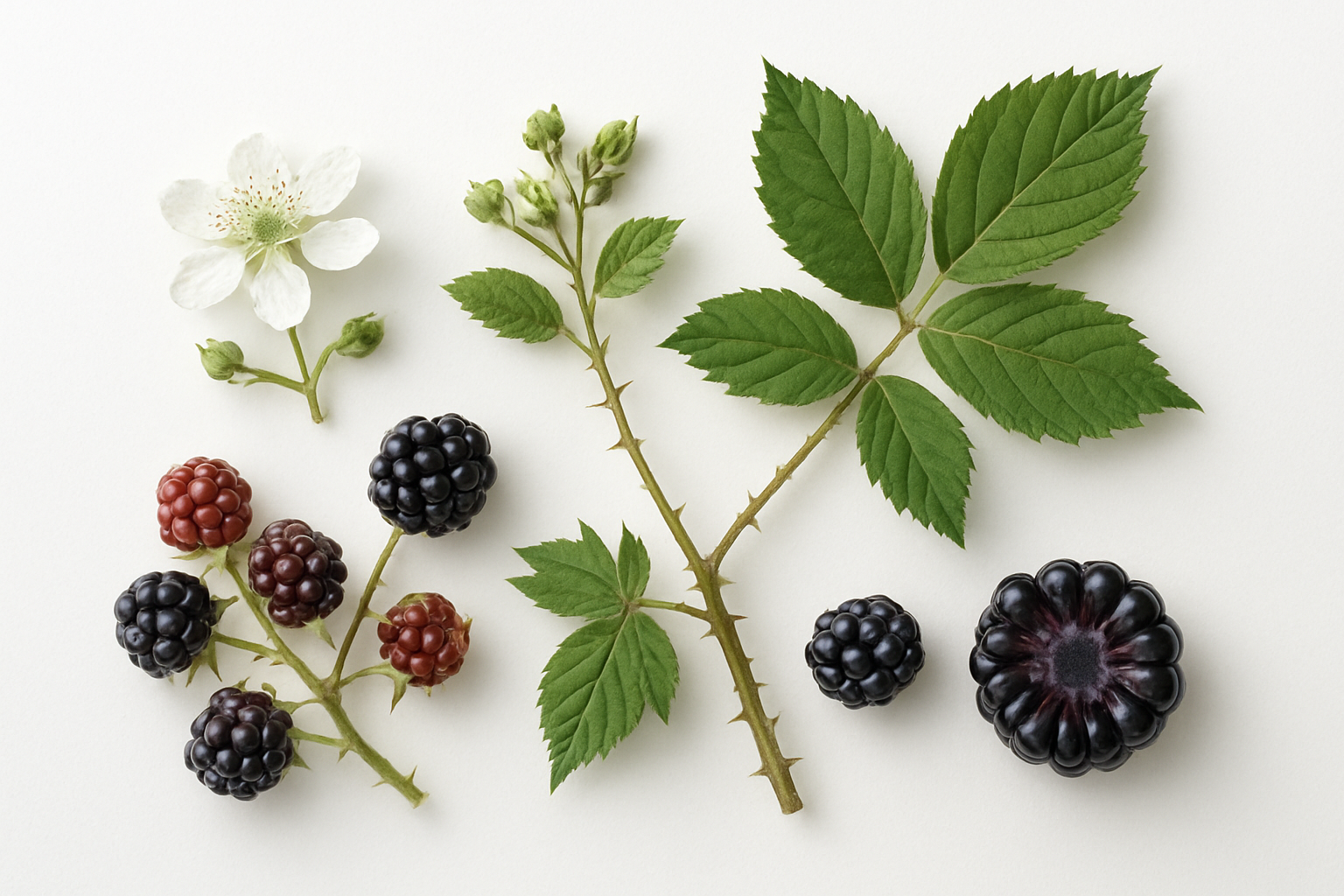 Create a realistic image of blackberry plant specimens displayed for botanical study, showing detailed plant characteristics including thorny canes with compound leaves, clusters of dark purple-black berries at various ripening stages from red to fully black, white five-petaled flowers, and a cross-section of a blackberry fruit revealing the drupelets structure, arranged on a clean white scientific background with natural lighting that highlights the plant's morphological features and textures, absolutely NO text should be in the scene.