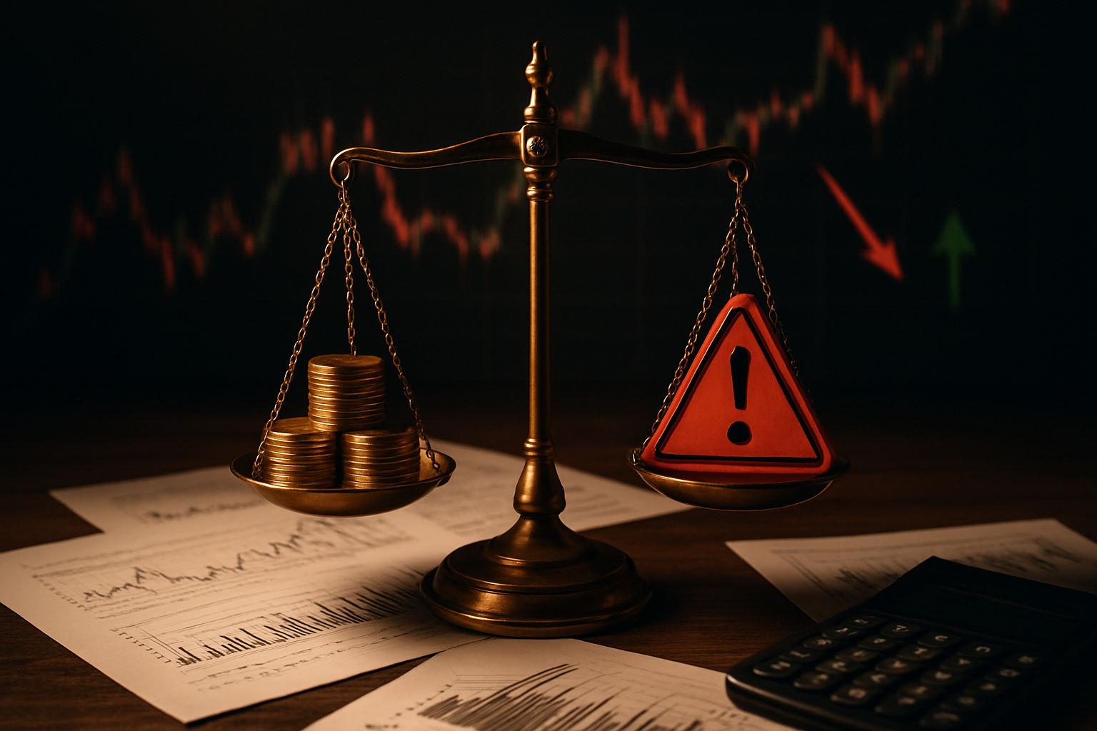 Create a realistic image of a balanced scale with golden coins and red warning triangles on each side, set against a dark wooden desk with financial documents scattered around, a calculator, and stock charts showing volatile price movements with red and green arrows, under warm office lighting that creates dramatic shadows emphasizing the concept of financial risk assessment, absolutely NO text should be in the scene.