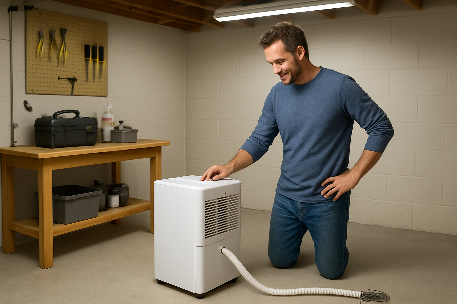 Create a realistic image of a white male homeowner in his 40s examining a DIY self-draining dehumidifier system in a bright basement workshop, with the dehumidifier connected to a drainage hose leading to a floor drain, tools and maintenance supplies organized on a nearby workbench, moisture-free walls showing the long-term benefits of the system, good overhead lighting illuminating the clean and dry space, and a satisfied expression on the man's face as he checks the properly functioning equipment, with absolutely NO text should be in the scene.