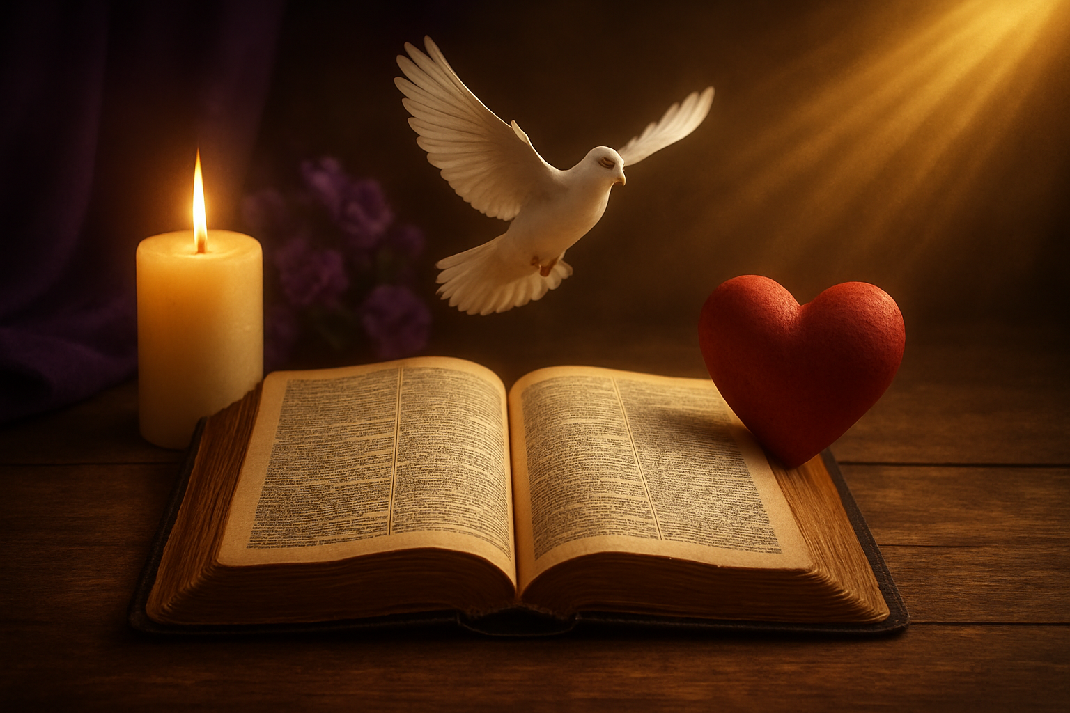 Create a realistic image of an open ancient Bible with weathered pages displaying scripture passages, surrounded by four symbolic elements representing Advent themes: a glowing candle for hope, a white dove for peace, golden light rays for joy, and a red heart for love, all arranged on a wooden table with soft warm lighting creating a reverent atmosphere, with purple and pink Advent colors subtly incorporated through fabric or flowers in the background. Absolutely NO text should be in the scene.