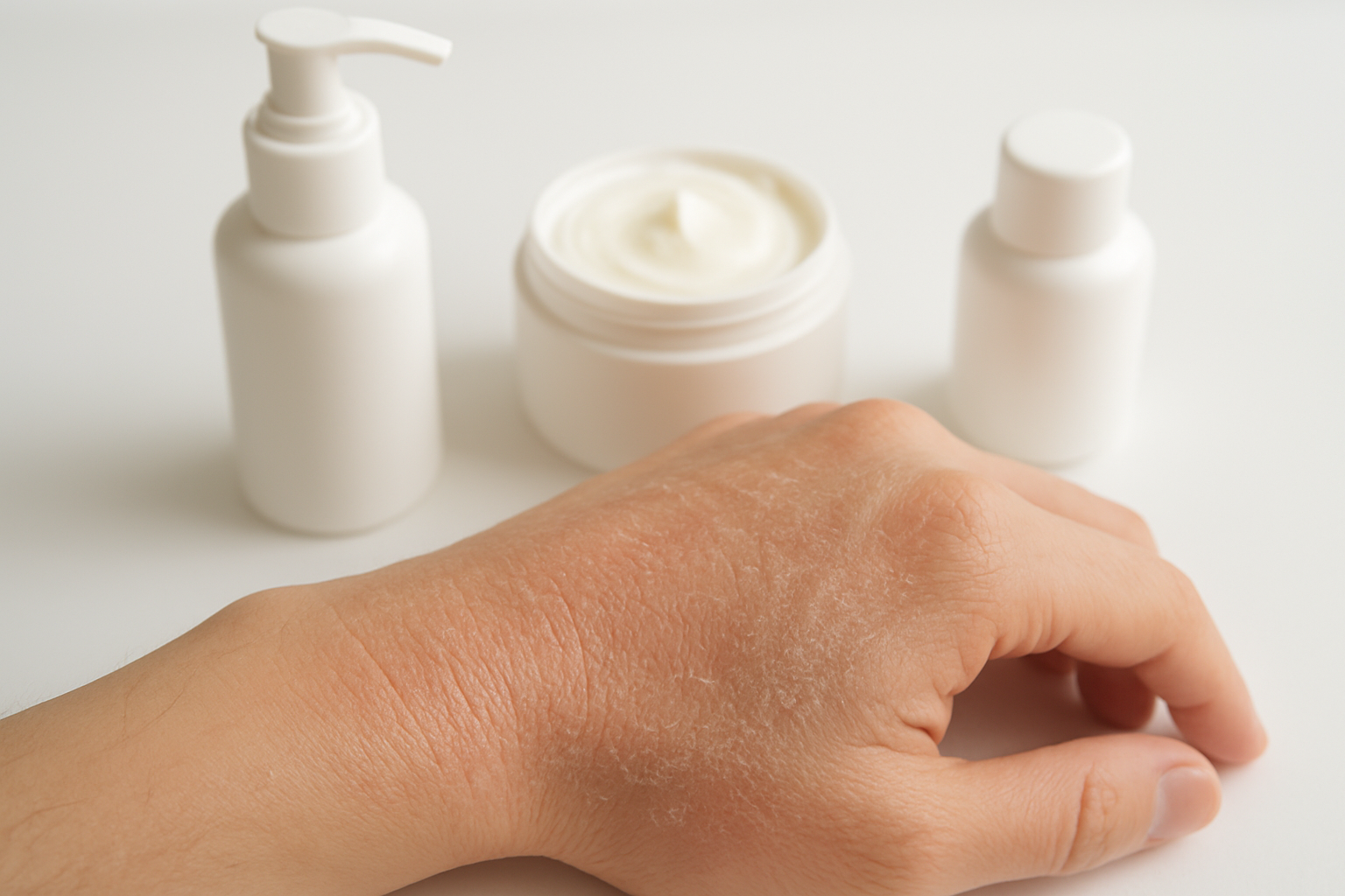 Create a realistic image of a close-up view of dry, flaky skin texture on a human arm or hand, showing visible patches of dryness and slight redness, with soft natural lighting highlighting the skin's condition, alongside a few skincare products like moisturizer bottles and cream jars placed on a clean white surface, creating an educational and clinical atmosphere that emphasizes skin analysis and care, absolutely NO text should be in the scene.