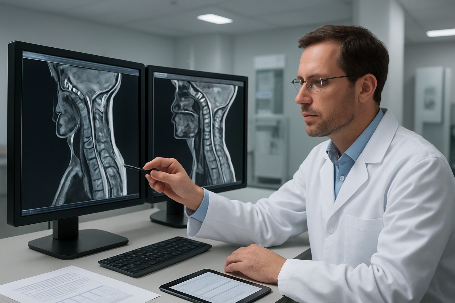 Create a realistic image of a white male radiologist in his 40s wearing a white coat sitting at a modern medical workstation with dual computer monitors displaying cervical spine MRI scans in flexion position, pointing at anatomical structures on the screen while reviewing patient imaging data, with medical charts and a tablet showing treatment protocols on the desk, in a well-lit radiology reading room with medical equipment visible in the background, professional medical atmosphere with clean modern lighting. Absolutely NO text should be in the scene.