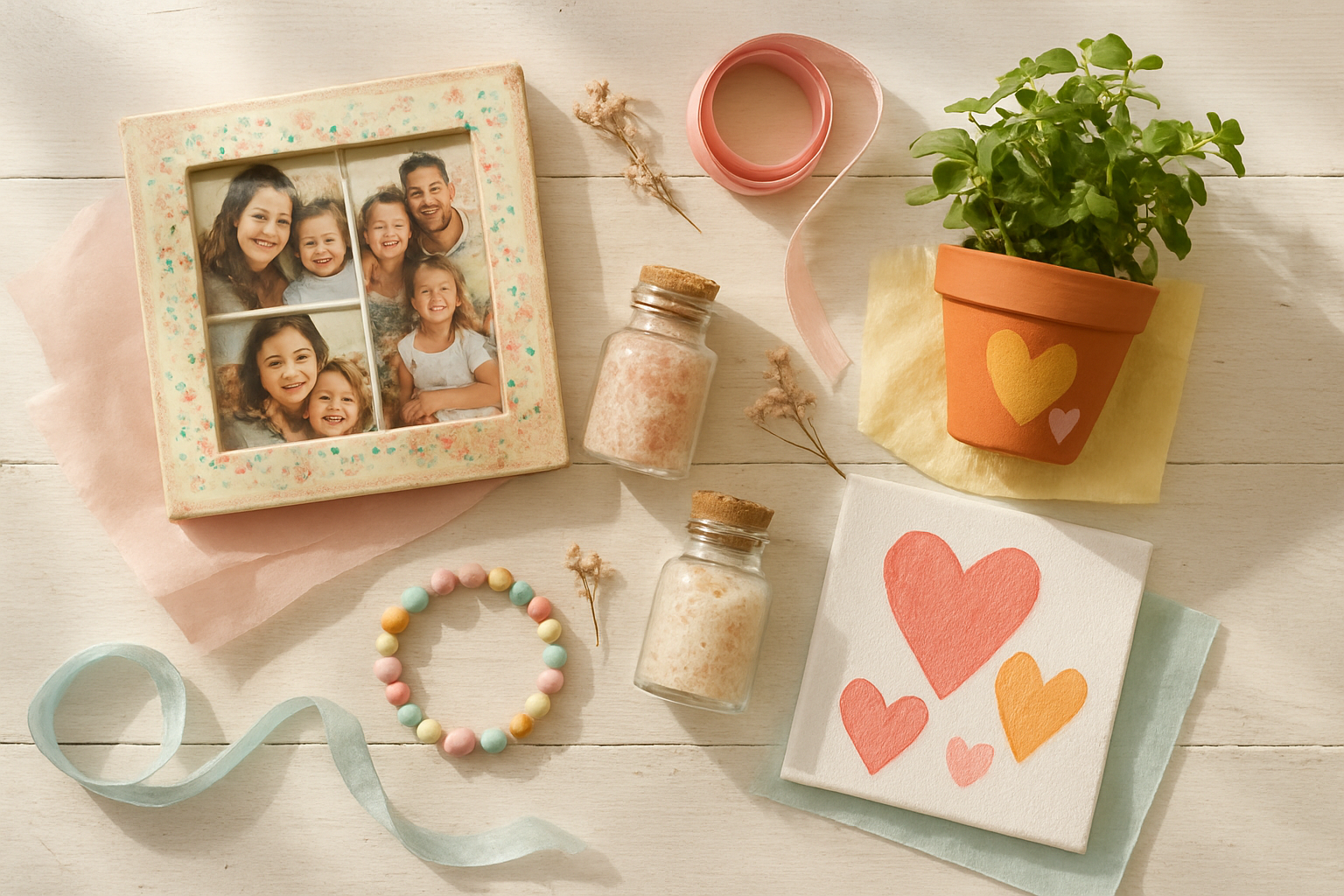Create a realistic image of a beautifully arranged flat lay display on a white wooden table featuring completed DIY Mother's Day gifts including a decorated photo frame with family pictures, handmade beaded bracelet, small glass jars filled with homemade bath salts and scrubs, a painted terracotta pot with fresh herbs, and a hand-painted canvas with heart motifs, all surrounded by crafting supplies like ribbons, dried flowers, and soft pastel tissue paper, captured with warm natural lighting from above creating gentle shadows, conveying a sense of accomplishment and heartfelt creativity, absolutely NO text should be in the scene.