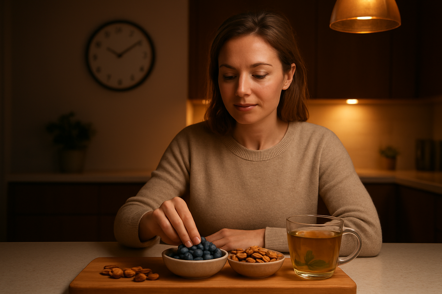 Create a realistic image of a white female in her 30s sitting at a modern kitchen counter in the evening, carefully arranging anti-aging foods like blueberries, nuts, and herbal tea on a wooden cutting board, with a wall clock showing 8 PM in the background, warm ambient lighting from pendant lights above, creating a cozy and health-conscious atmosphere that emphasizes the importance of timing evening nutrition for optimal results, absolutely NO text should be in the scene.