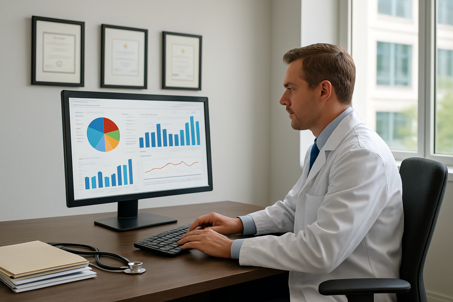 Create a realistic image of a modern hospital administrator's office with a white male doctor in a white coat sitting at a sleek desk reviewing patient safety data on a large computer monitor displaying colorful charts, graphs, and statistics, with medical certificates and quality awards hanging on the wall behind him, a stethoscope placed on the desk alongside organized folders and documents, bright natural lighting streaming through large windows, creating a professional and trustworthy atmosphere focused on healthcare quality analysis, absolutely NO text should be in the scene.