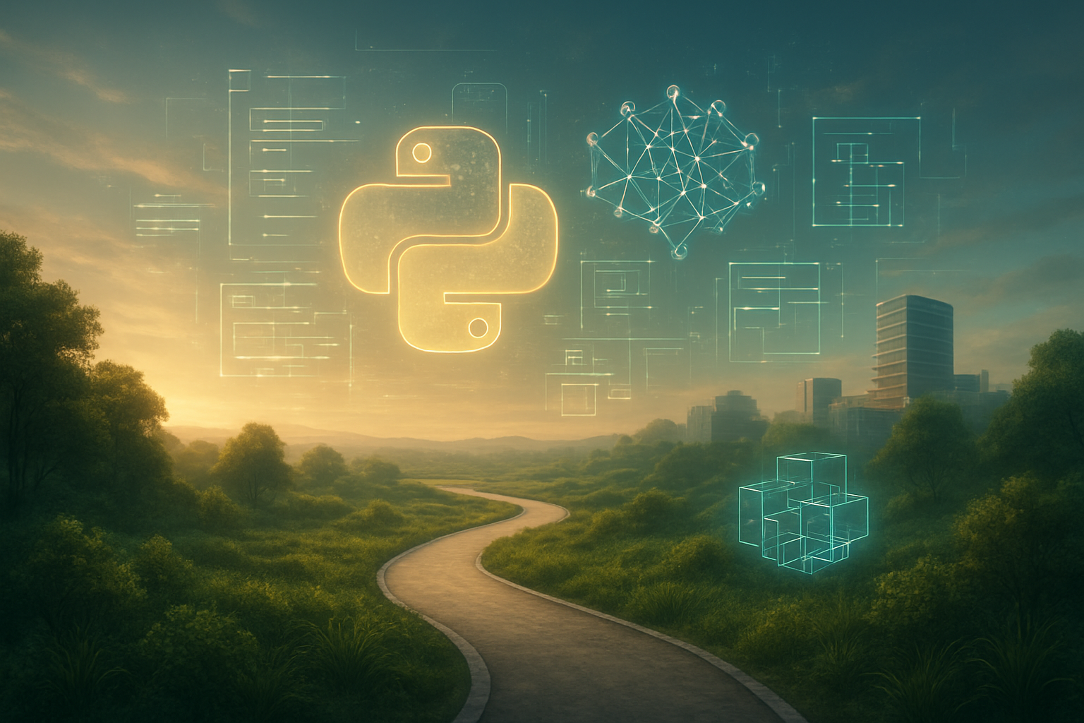 Create a realistic image of a futuristic technology landscape showing a winding path extending into the horizon with Python programming language symbols and code elements floating ethereally above the path, surrounded by evolving digital ecosystems including AI neural networks, data structures, and modern software architecture blueprints, set against a dawn sky with soft golden lighting suggesting growth and continuity, featuring lush green vegetation alongside sleek technological elements to represent sustainable development, with a mood of optimism and forward progress. Absolutely NO text should be in the scene.