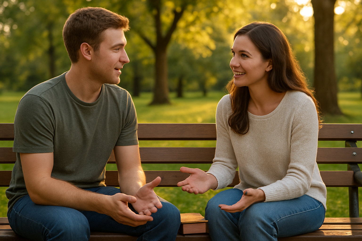 Create a realistic image of a young white male and white female sitting together on a park bench in a peaceful outdoor setting, engaged in meaningful conversation with open body language, surrounded by green trees and soft natural lighting, with a small leather-bound Bible resting between them on the bench, creating a warm and respectful atmosphere that conveys genuine connection and spiritual foundation, shot during golden hour with gentle sunlight filtering through leaves, absolutely NO text should be in the scene.