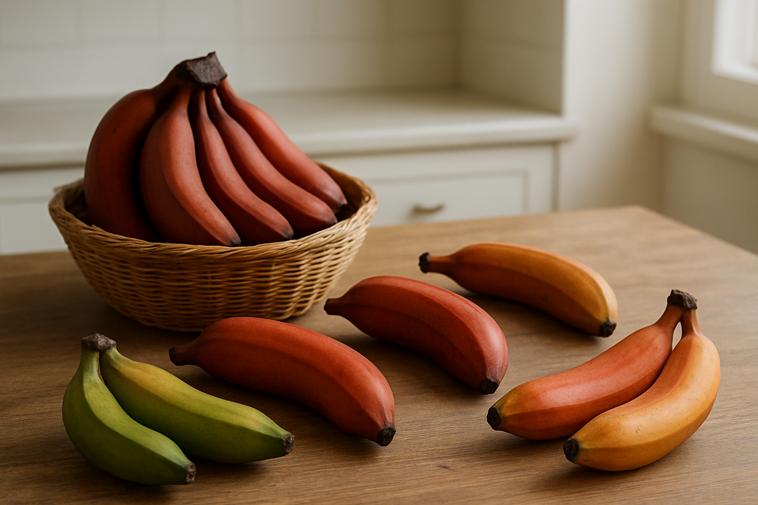 Create a realistic image of red bananas at different ripeness stages arranged on a wooden kitchen counter, with some stored in a wicker basket and others displayed individually to show color variations from deep red to yellow-red, alongside a few green unripe red bananas, with soft natural lighting from a nearby window illuminating the scene, showing the texture and natural curves of the bananas, set against a clean kitchen background with subtle shadows. Absolutely NO text should be in the scene.