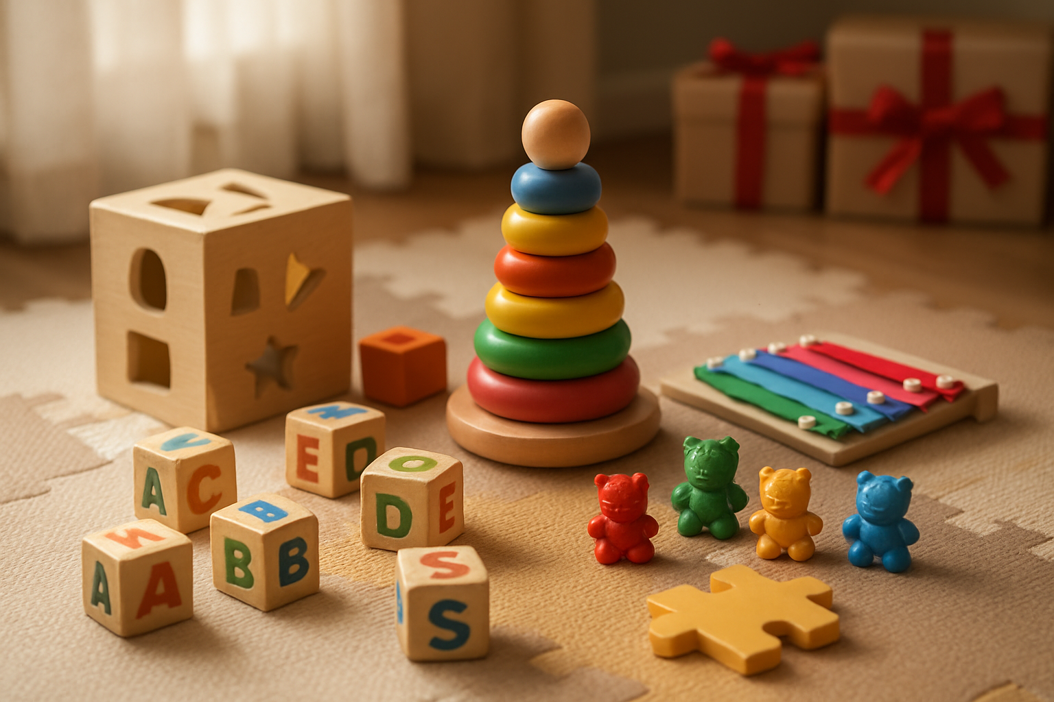 Create a realistic image of colorful educational toys for toddlers arranged on a soft play mat, including wooden alphabet blocks, shape sorting cubes, stacking rings, a musical xylophone, counting bears, and puzzle pieces, with warm natural lighting streaming from a window, creating a cozy indoor learning environment with Christmas gift boxes partially visible in the background, absolutely NO text should be in the scene.