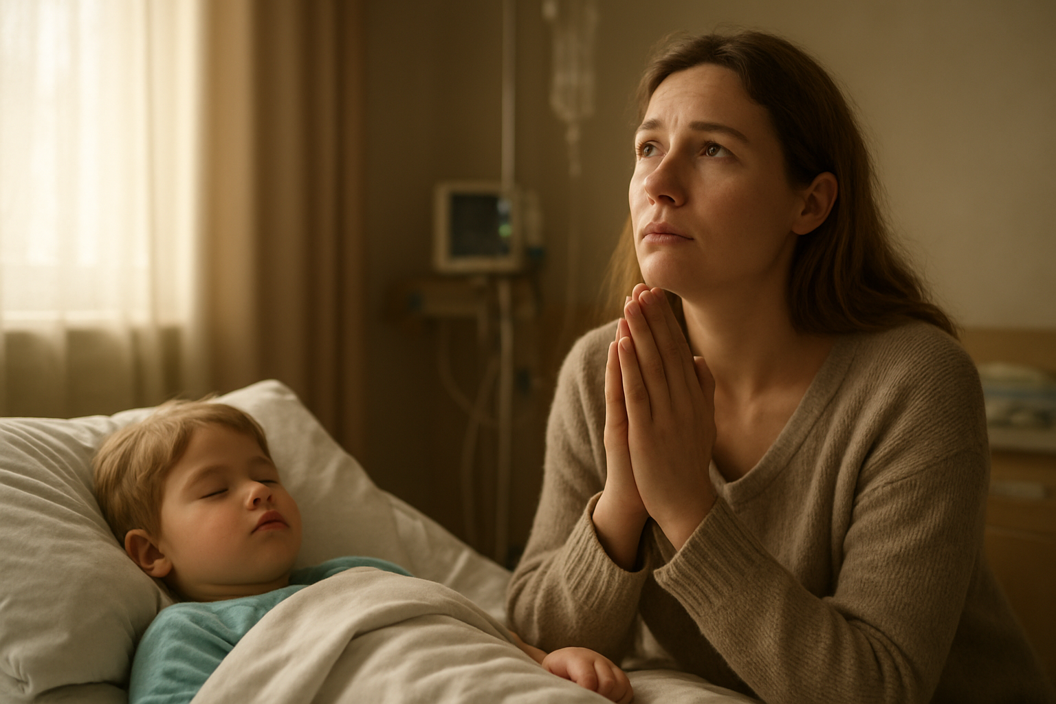 Create a realistic image of a concerned white female mother in her 30s sitting beside a hospital bed where her young child lies resting, her hands gently clasped in prayer position while looking upward with a peaceful yet worried expression, soft natural light streaming through a window creating a hopeful atmosphere, medical equipment subtly visible in the background, the scene conveying both struggle and faith, warm muted colors dominating the composition, absolutely NO text should be in the scene.