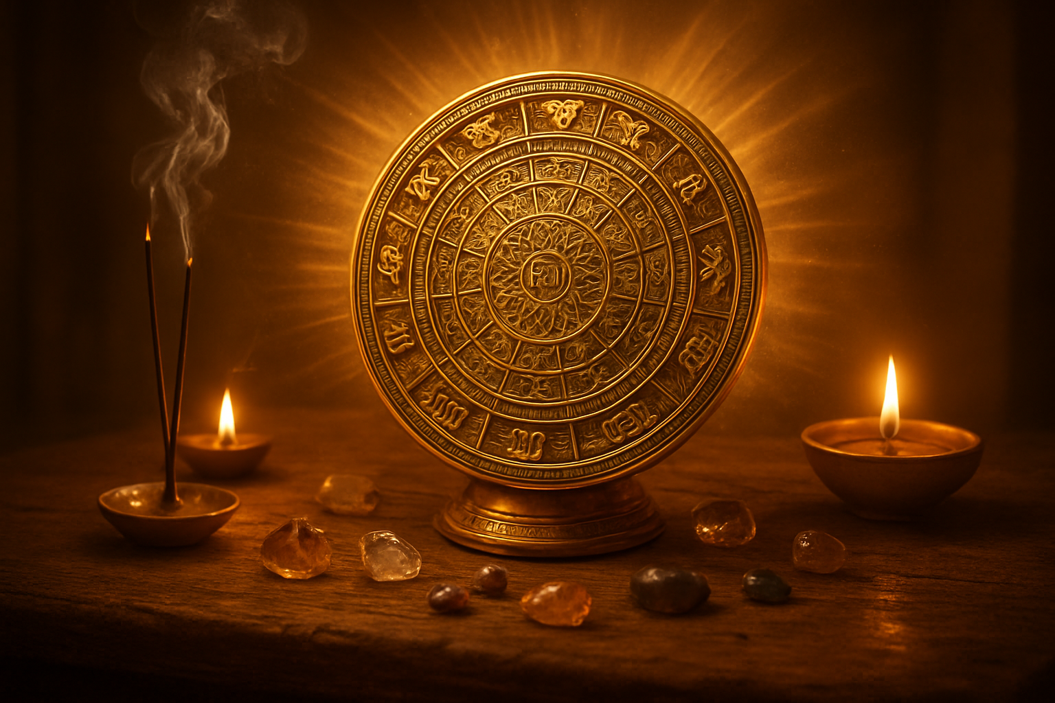 Create a realistic image of an ornate golden astrological chart wheel with intricate geometric patterns and Sanskrit symbols, surrounded by glowing divine light rays, placed on an ancient wooden table with burning incense sticks creating gentle smoke, traditional oil lamps with warm flickering flames on either side, scattered gemstones and crystals reflecting the golden light, peaceful temple-like atmosphere with soft warm lighting creating a spiritual and mystical ambiance, absolutely NO text should be in the scene.