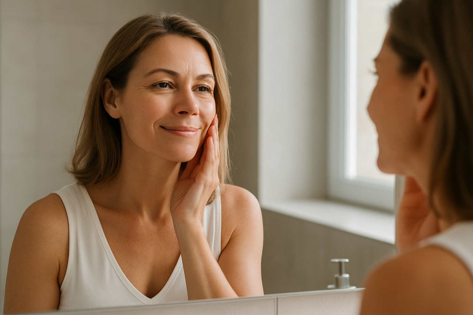 Create a realistic image of a confident middle-aged white woman looking at herself in a modern bathroom mirror with a gentle smile, her skin appearing radiant and healthy, soft natural lighting from a window illuminating her face, clean minimalist bathroom background with neutral tones, the woman touching her cheek gently while admiring her reflection, conveying a sense of self-assurance and positive self-image, absolutely NO text should be in the scene.