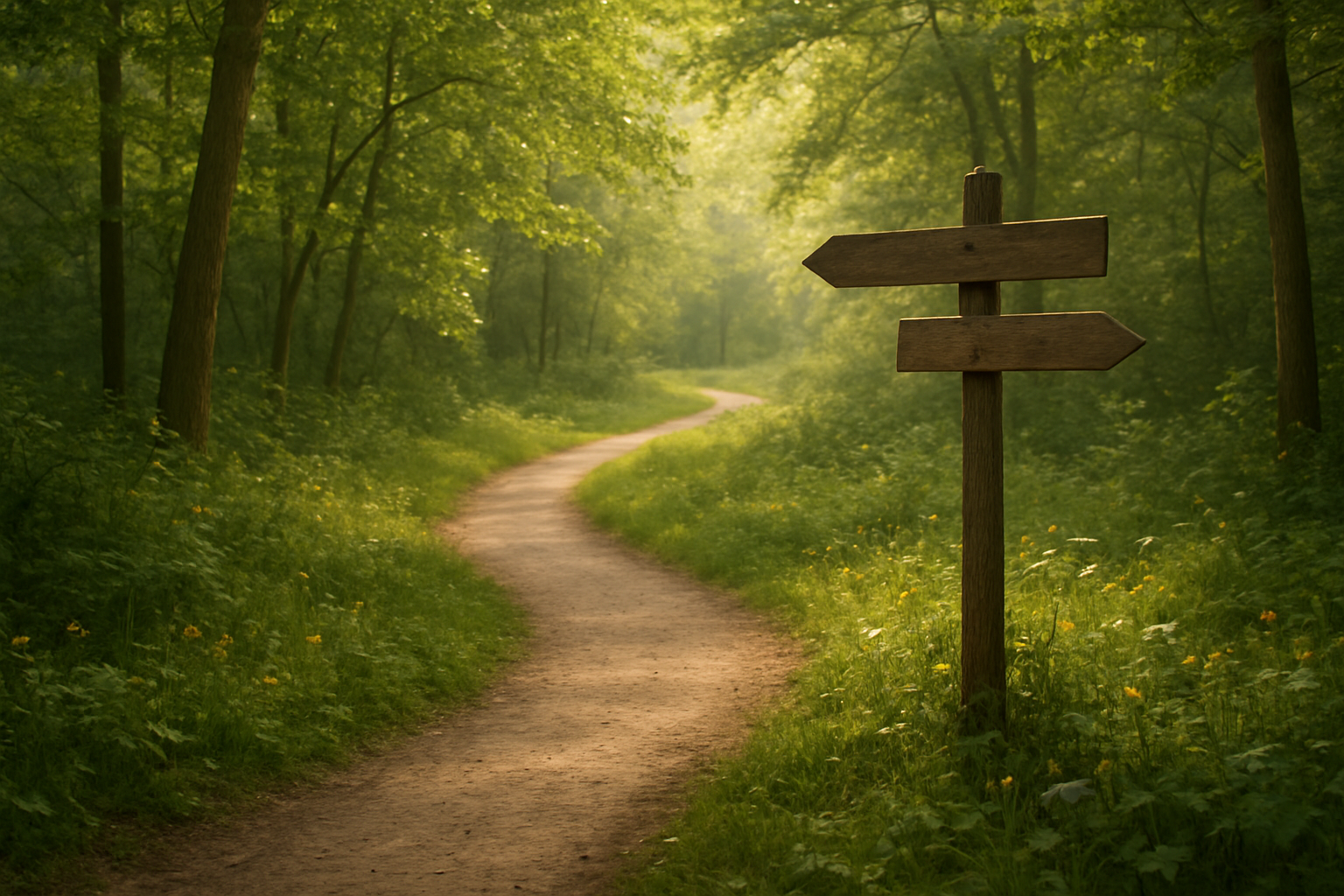 Create a realistic image of a winding path through a peaceful forest with dappled sunlight filtering through the trees, symbolizing a journey forward, with a wooden signpost at a fork in the path pointing in different directions, surrounded by lush green foliage and wildflowers, conveying hope and new beginnings in soft, warm natural lighting. Absolutely NO text should be in the scene.