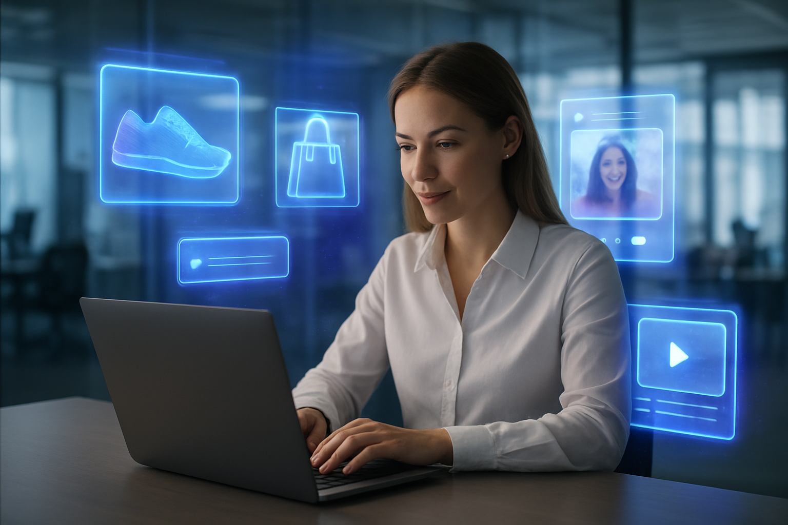 Create a realistic image of a modern retail marketing workspace with a white female marketing manager sitting at a sleek desk using a laptop computer, surrounded by floating holographic AI-generated content elements including product images, social media posts, and digital advertisements, with a contemporary office background featuring glass walls, natural lighting streaming through windows, and subtle tech ambiance with blue and purple AI visualization effects in the air, conveying an innovative and productive atmosphere. Absolutely NO text should be in the scene.