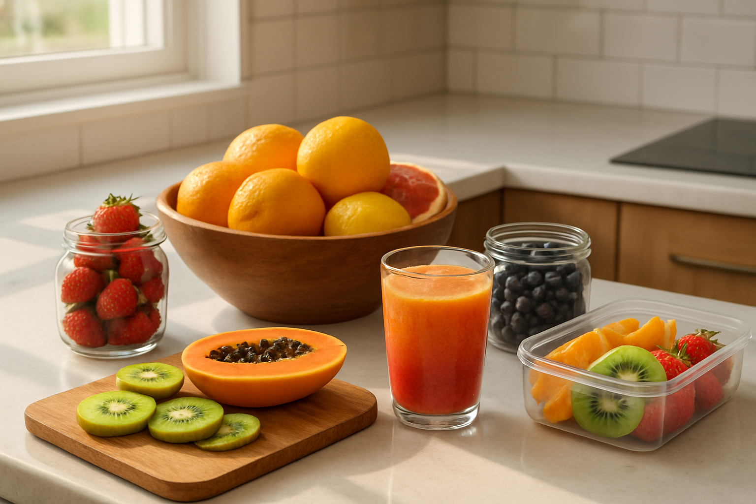 Create a realistic image of a modern kitchen counter with various immune-boosting fruits artfully arranged in different ways - fresh oranges, lemons, and grapefruits in a wooden bowl, blueberries and strawberries in glass containers, sliced kiwi and papaya on a cutting board, a smoothie glass filled with colorful fruit blend, and a lunch box with packed fruit portions, warm natural lighting streaming through a window, clean white countertops with subtle wood accents, fresh and inviting atmosphere suggesting daily healthy eating habits, absolutely NO text should be in the scene.