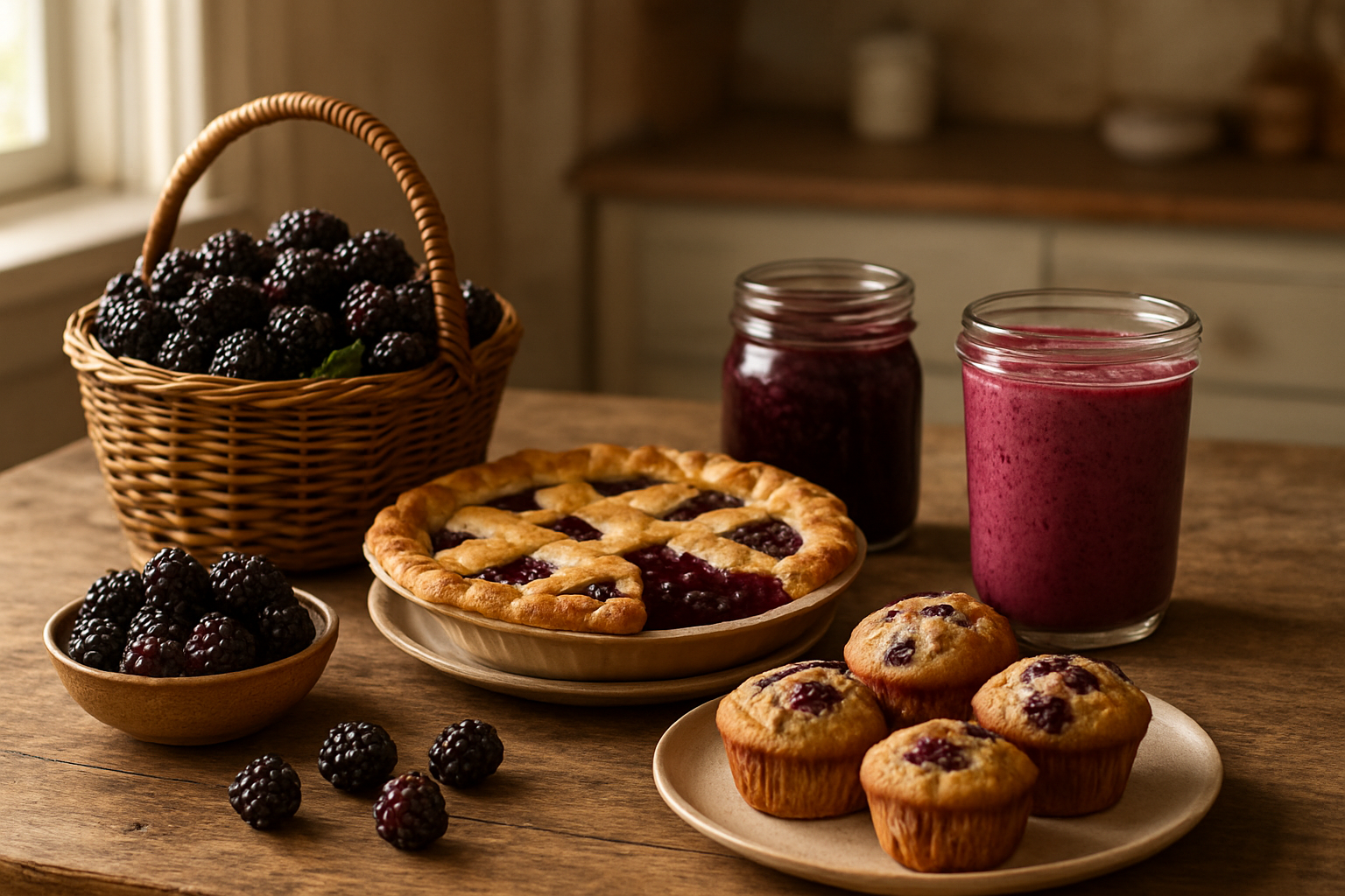Create a realistic image of a rustic wooden table displaying various delicious boysenberry preparations including fresh boysenberries in a wicker basket, boysenberry pie with golden crust, boysenberry jam in glass jars, boysenberry muffins on a plate, and boysenberry smoothie in a clear glass, with soft natural lighting from a nearby window creating warm shadows, kitchen setting in the background with neutral tones, absolutely NO text should be in the scene.