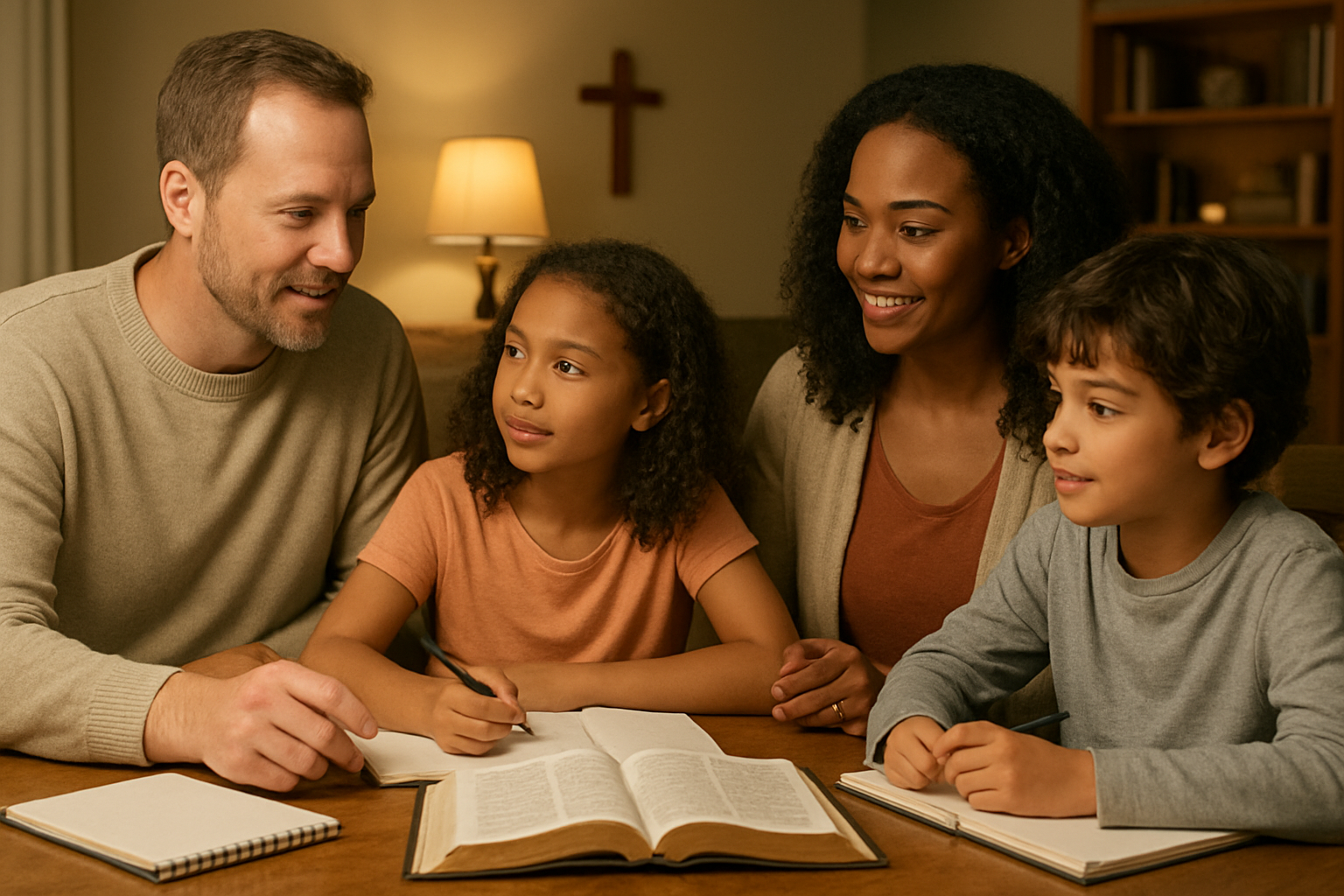 Create a realistic image of a diverse family including a white father, black mother, and two mixed-race children sitting together at a wooden dining table with an open Bible in the center, surrounded by notebooks and pens for planning, with a cozy living room background featuring warm lighting from a table lamp, a cross on the wall, and bookshelves, creating an atmosphere of peaceful family unity and spiritual guidance as they appear to be discussing and planning together. Absolutely NO text should be in the scene.