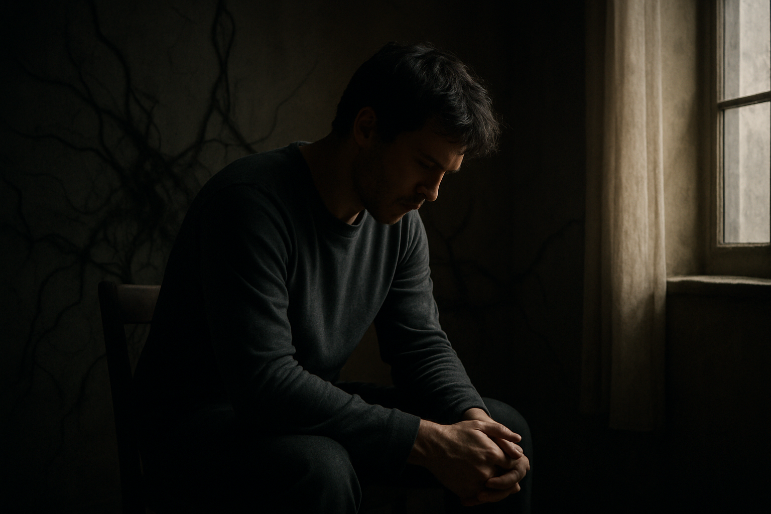 Create a realistic image of a person sitting alone in a dimly lit room, looking downward with a contemplative expression, surrounded by subtle visual metaphors like tangled roots or chains emerging from shadows on the walls, with soft natural light filtering through a window creating contrast between dark and light areas, conveying introspection and the weight of internal struggle, absolutely NO text should be in the scene.