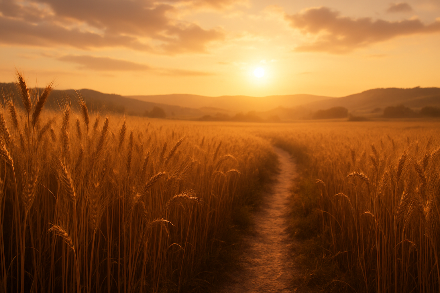 Create a realistic image of a serene wheat field at golden hour with tall grain stalks gently swaying in the breeze, a narrow dirt path winding through the field leading toward rolling hills in the distance, warm amber and orange sunlight filtering through soft clouds creating a peaceful and inspirational atmosphere, with a sense of journey and growth represented by the mature harvest and the path forward, absolutely NO text should be in the scene.