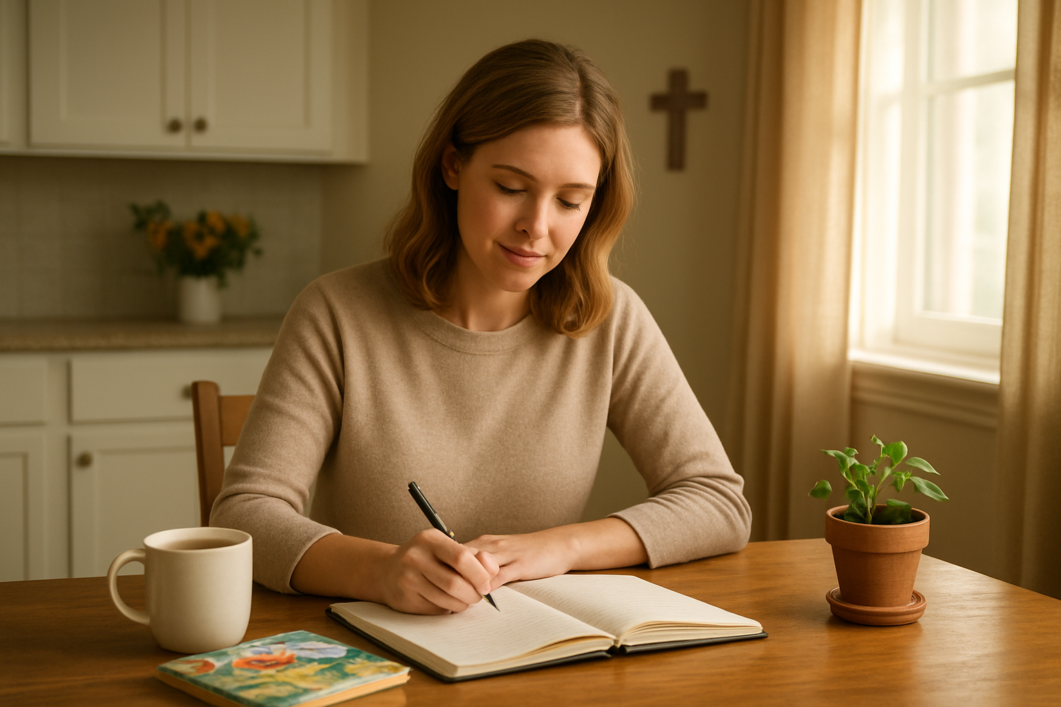 Create a realistic image of a peaceful home environment showing a white female mother sitting at a wooden kitchen table with an open journal and pen, surrounded by practical motherhood items like children's books, a coffee cup, a small potted plant, and a subtle cross decoration on the wall in the background, with warm natural lighting streaming through a nearby window creating a serene and purposeful atmosphere that conveys intentional planning and spiritual reflection. Absolutely NO text should be in the scene.