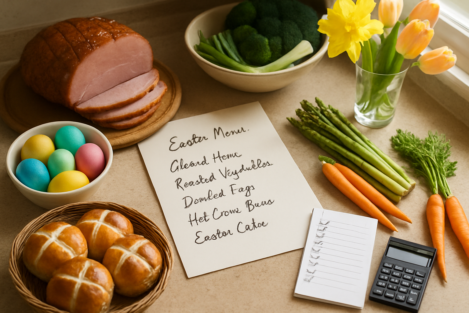 Create a realistic image of a kitchen countertop scene showing Easter meal planning with a handwritten menu list on paper, fresh ingredients like glazed ham, colorful Easter eggs, spring vegetables, hot cross buns, a grocery shopping list with checked items, a calculator, and seasonal flowers in soft natural lighting from a nearby window, shot from above at a slight angle to show the organized layout of planning materials, absolutely NO text should be in the scene.