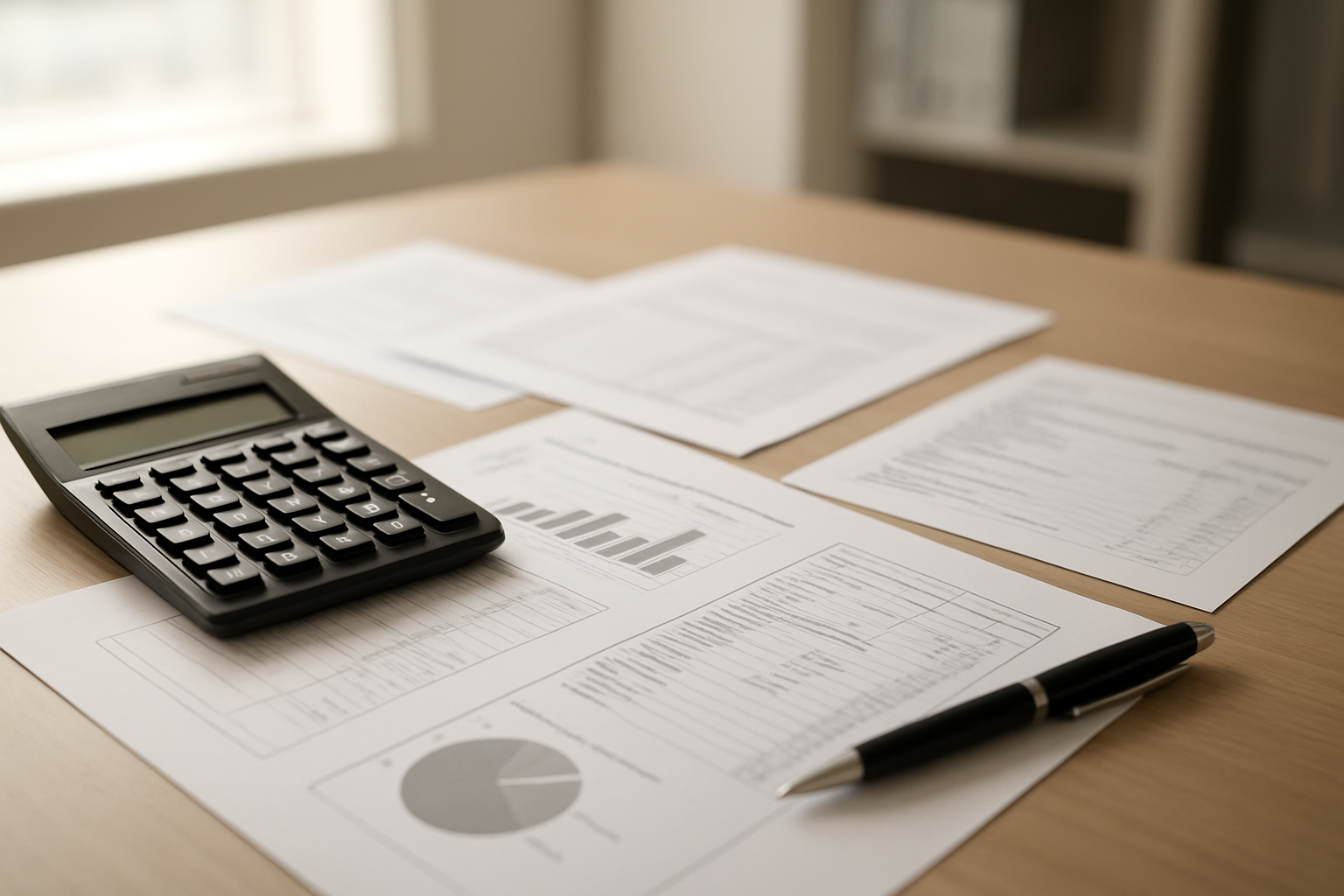 Create a realistic image of a clean, organized desk surface with financial documents, a calculator, medical bills, and cost breakdown sheets spread out in an orderly manner, with a pen placed nearby, soft natural lighting from a window, professional office environment background, conveying a sense of careful financial planning and medical expense analysis, Absolutely NO text should be in the scene.