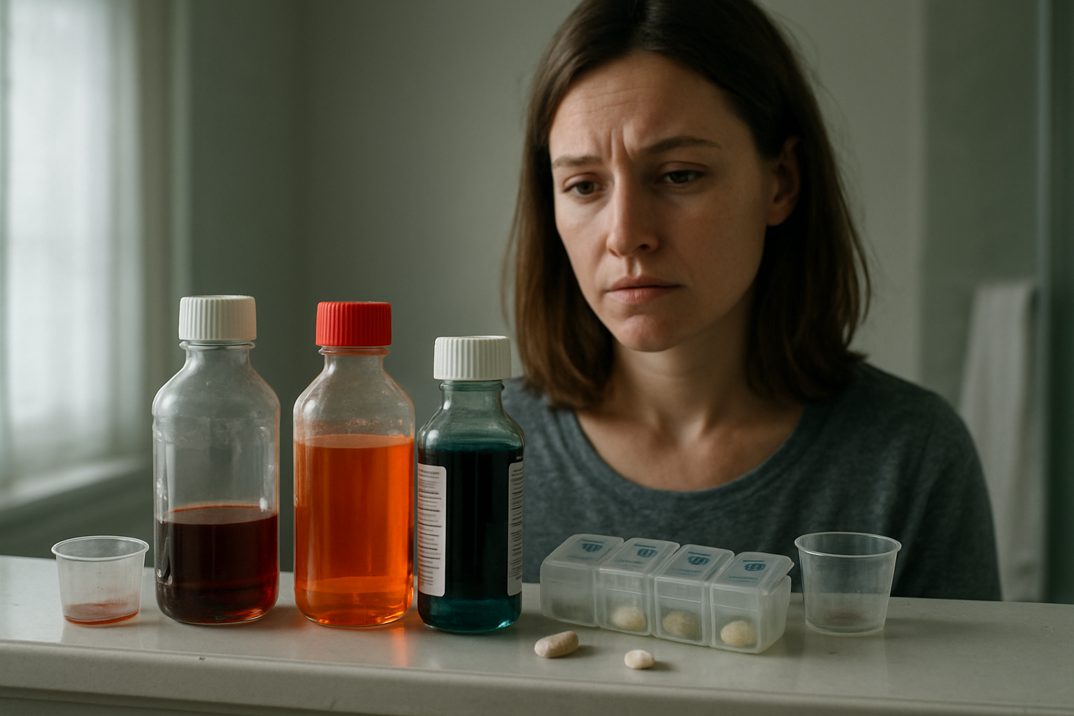 Create a realistic image of over-the-counter cold medicine bottles including NyQuil and DayQuil positioned on a bathroom counter or medicine cabinet shelf, with some bottles appearing nearly empty or scattered, a concerned-looking white female in her 30s in the background looking at the medications with a worried expression, soft natural lighting from a bathroom window, creating a somber and contemplative mood that conveys the serious nature of dependency issues, with pill organizers and medicine cups nearby suggesting frequent use, absolutely NO text should be in the scene.