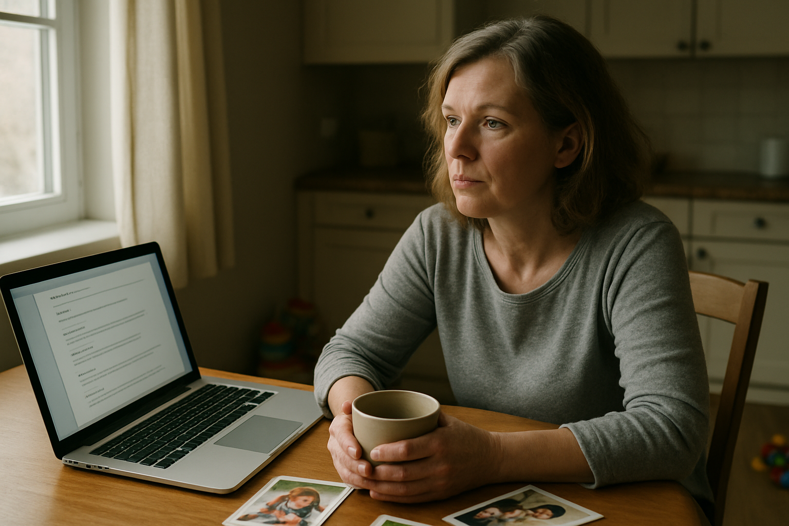 Create a realistic image of a middle-aged white female sitting at a kitchen table looking pensively out a window, with an open laptop displaying a resume or business plan on the screen, family photos scattered nearby, children's toys visible in the background, soft natural lighting streaming through the window creating a melancholic mood, the woman wearing casual home clothes with a coffee cup in her hands, depicting the quiet moment of reflection on postponed career aspirations, absolutely NO text should be in the scene.