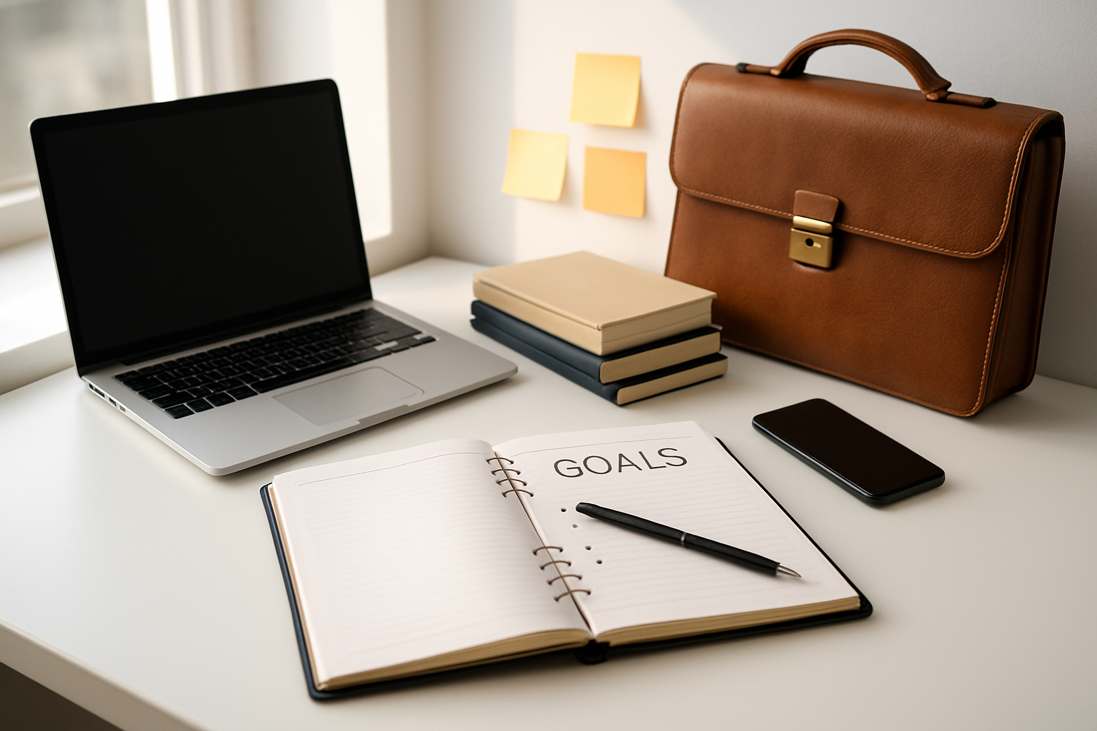 Create a realistic image of a modern workspace featuring career-focused items including a sleek laptop computer, professional notebooks, a planner with visible goals written inside, business books stacked neatly, a quality leather briefcase, a smartphone, and motivational sticky notes arranged on a clean white desk, with soft natural lighting streaming through a nearby window, creating an inspiring and organized atmosphere that represents supporting women's professional ambitions and goals, absolutely NO text should be in the scene.