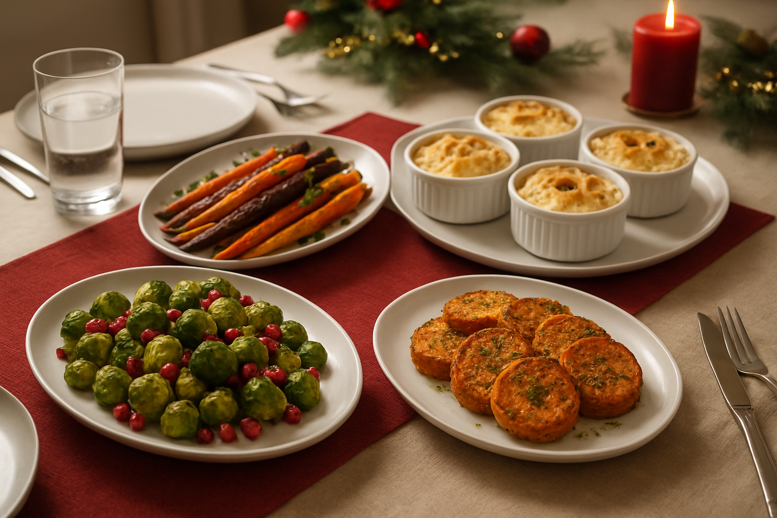 Create a realistic image of a modern elegant dining table featuring contemporary versions of traditional Christmas side dishes including roasted Brussels sprouts with pomegranate seeds, cauliflower gratin in individual ramekins, glazed rainbow carrots, and herb-crusted sweet potato rounds artfully plated on white ceramic dishes, with festive red and gold accents, soft warm lighting, and a sophisticated holiday table setting with modern dinnerware and subtle Christmas decorations in the background, absolutely NO text should be in the scene.