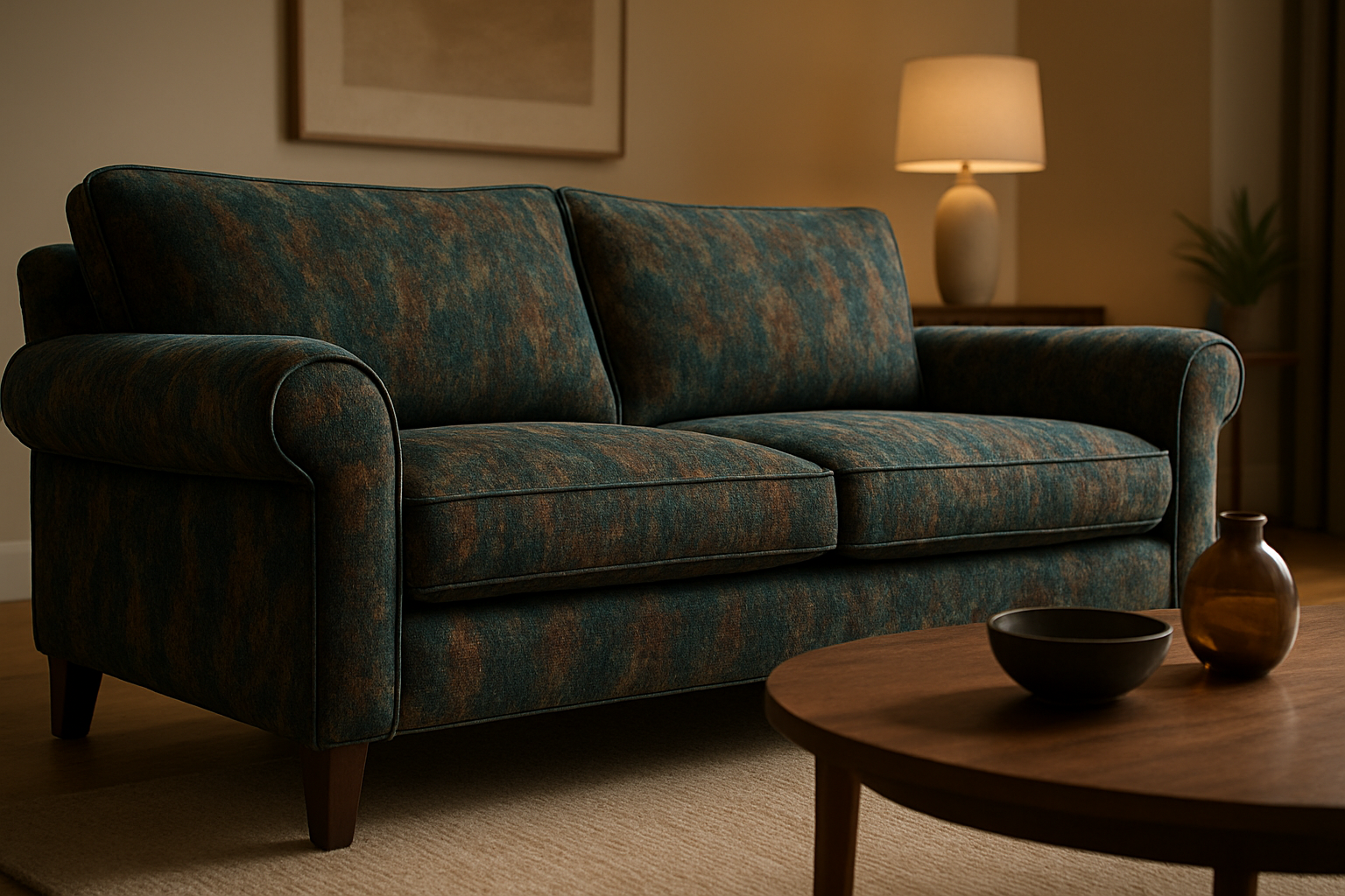 Create a realistic image of a beautifully reupholstered sofa in a modern living room setting, showcasing a luxurious fabric with rich texture and vibrant colors, positioned alongside a coffee table with some decorative items, warm ambient lighting casting soft shadows, clean and elegant interior design elements in the background, professional upholstery work clearly visible with neat stitching and perfectly fitted cushions, conveying a sense of satisfaction and quality craftsmanship, absolutely NO text should be in the scene.