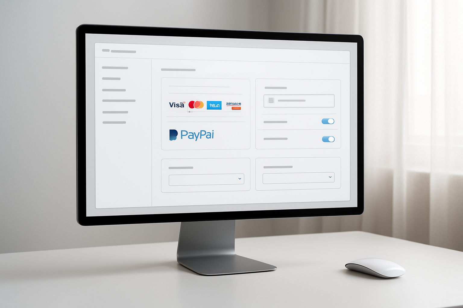 Create a realistic image of a modern computer screen displaying eBay's payment settings interface with financial configuration options visible, including payment method icons like credit cards and PayPal logos, bank account linking sections, and various toggle switches and dropdown menus, set on a clean white desk with a wireless mouse nearby, soft natural lighting from a window creating a professional workspace atmosphere, absolutely NO text should be in the scene.
