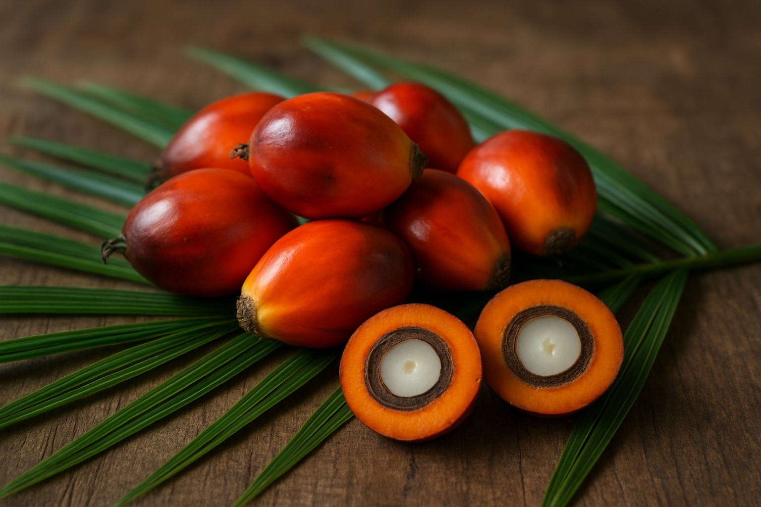 Create a realistic image of fresh palm fruits in their natural state, showing whole orange-red palm fruits clustered on palm fronds alongside cross-sectioned palm fruits revealing the inner seed and flesh, displayed on a rustic wooden surface with soft natural lighting from the side, creating an educational and informative mood that highlights the basic characteristics and anatomy of palm fruits, absolutely NO text should be in the scene.