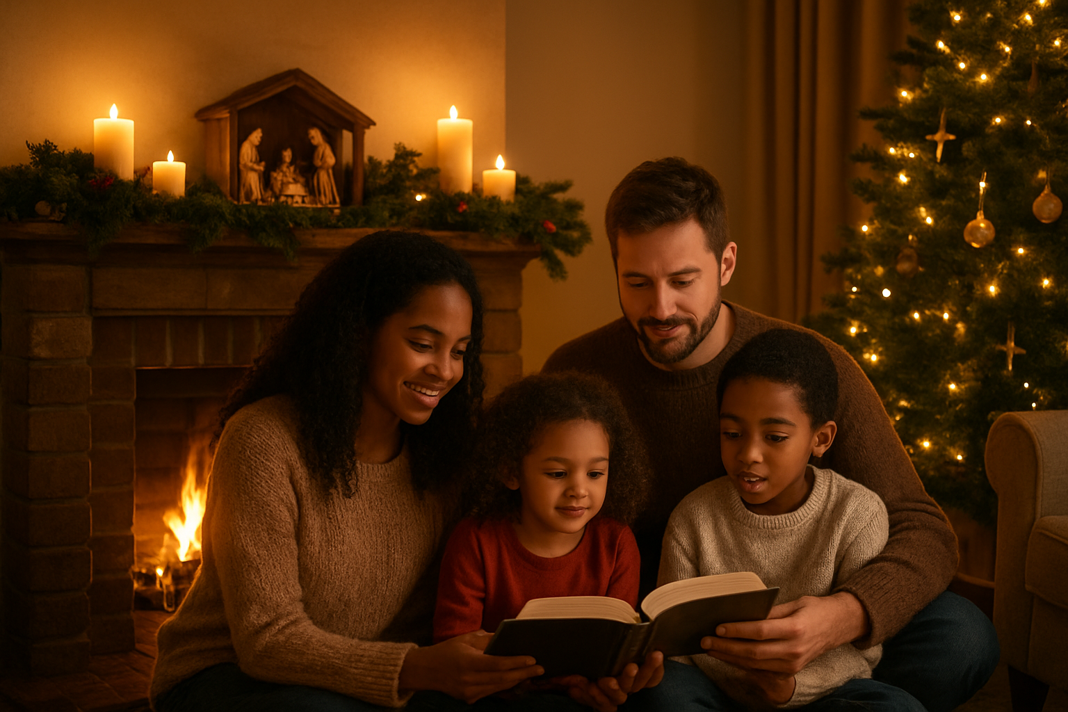 Create a realistic image of a warm, cozy living room during Christmas time with a diverse family of white and black parents with two children gathered around a fireplace mantel decorated with evergreen garland, candles, and a prominent nativity scene as the centerpiece, while the family engages in reading from a Bible together, with a Christmas tree in the background adorned with simple ornaments including small crosses and stars, warm golden lighting from the fireplace and soft lamp light creating an intimate atmosphere of reverence and togetherness, absolutely NO text should be in the scene.