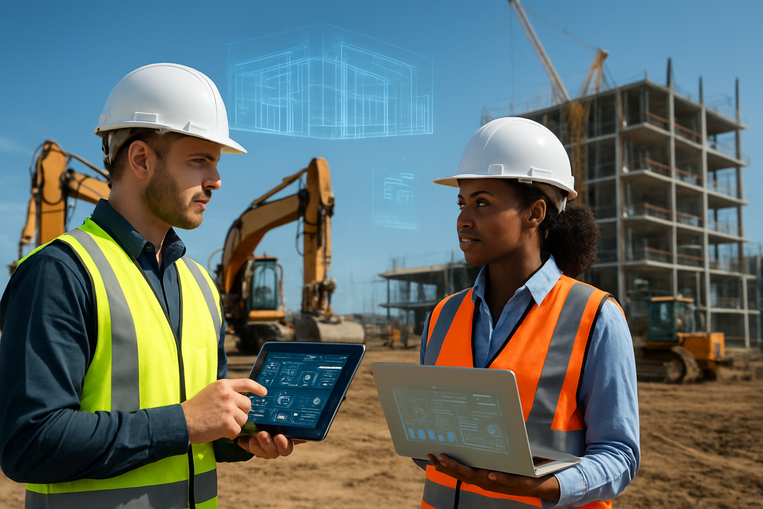 Create a realistic image of a modern construction site with a diverse team including a white male engineer and a black female project manager wearing hard hats and safety vests, standing near large construction equipment like excavators and cranes, with digital tablets and laptops displaying AI interface dashboards and data visualizations, advanced sensors and IoT devices mounted on construction machinery, holographic projections showing building blueprints floating above the equipment, a partially constructed modern building in the background with steel framework and concrete structures, bright daylight with clear blue sky, professional and innovative atmosphere showcasing the integration of artificial intelligence technology with traditional construction methods, absolutely NO text should be in the scene.