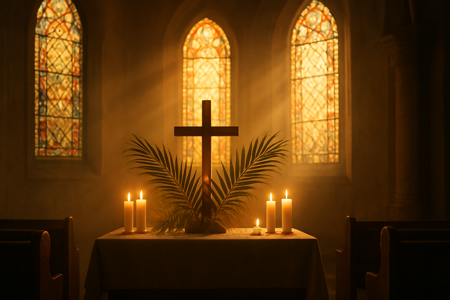 Create a realistic image of a serene church interior with soft golden sunlight streaming through stained glass windows, illuminating palm fronds arranged near a simple wooden cross on the altar, with white candles glowing peacefully, creating a contemplative atmosphere that conveys spiritual reverence and sacred meaning, absolutely NO text should be in the scene.