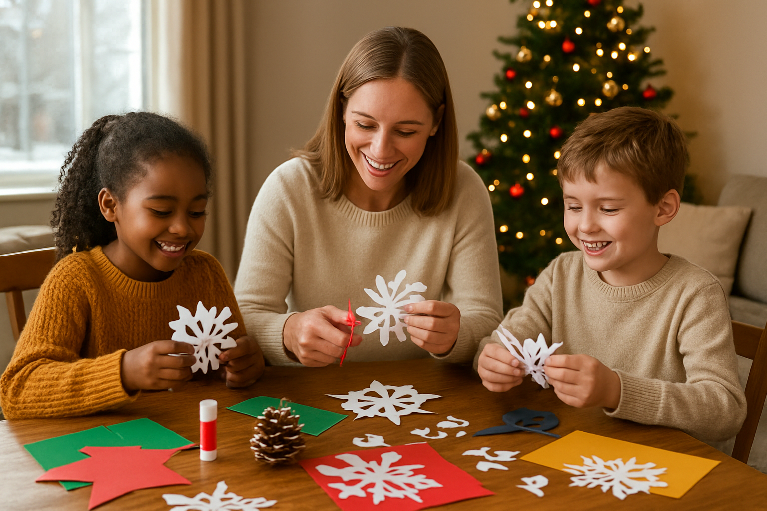 Create a realistic image of a white mother and her two children (one black girl and one white boy, ages 6-10) sitting around a wooden dining table crafting DIY Christmas decorations together, with handmade paper snowflakes, pinecone ornaments, and colorful construction paper scattered across the table, scissors and glue sticks visible, warm indoor lighting from a nearby window showing a winter day outside, cozy living room background with a Christmas tree, everyone smiling and engaged in the creative activity, absolutely NO text should be in the scene.