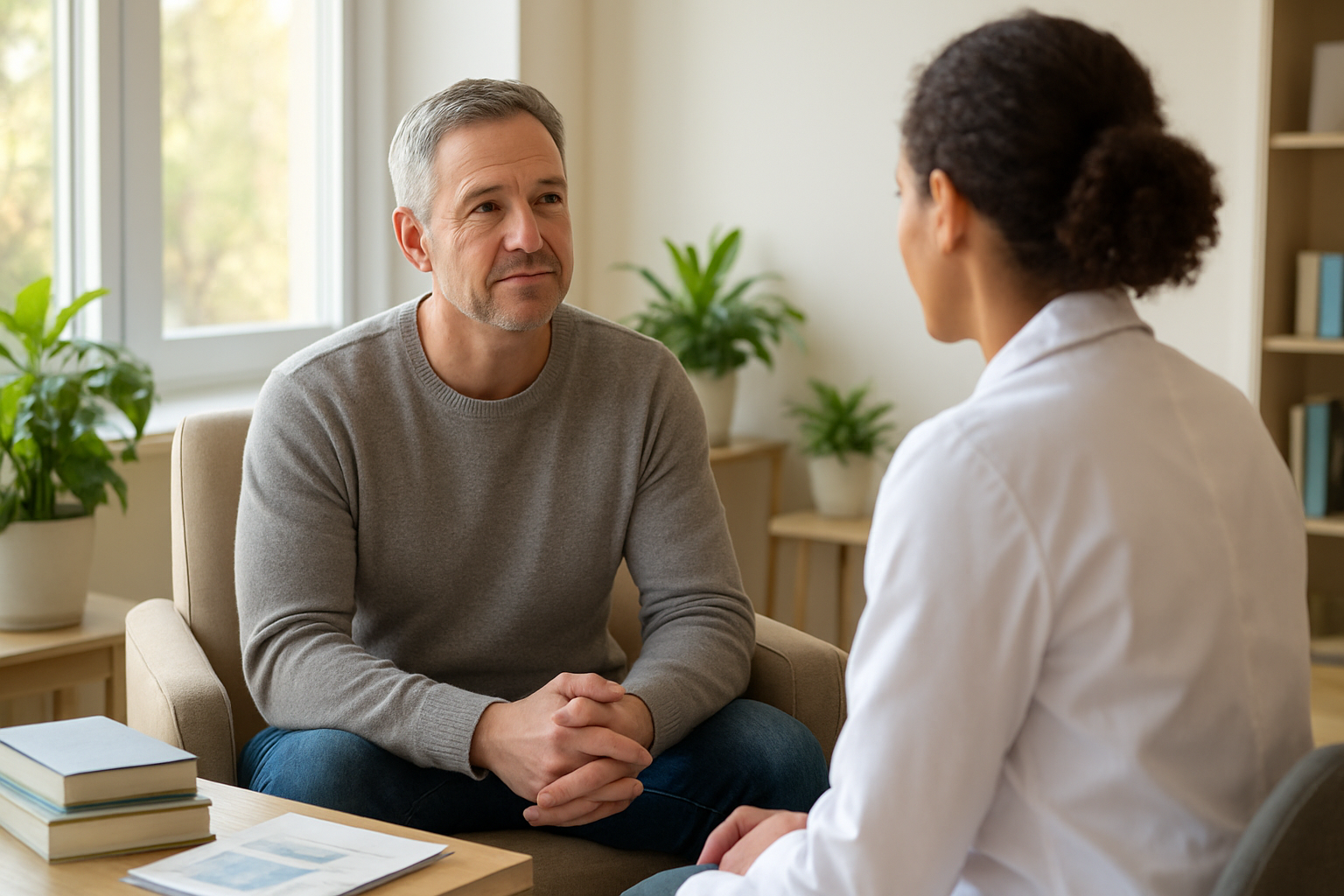 Create a realistic image of a peaceful recovery scene featuring a middle-aged white male sitting in a comfortable chair in a bright, modern medical consultation room, looking hopeful and contemplative while speaking with a healthcare professional, with natural sunlight streaming through large windows, medical books and pamphlets about addiction recovery visible on a nearby table, potted plants adding warmth to the clinical setting, conveying a sense of healing, professional care, and new beginnings, with soft natural lighting creating an optimistic atmosphere. Absolutely NO text should be in the scene.