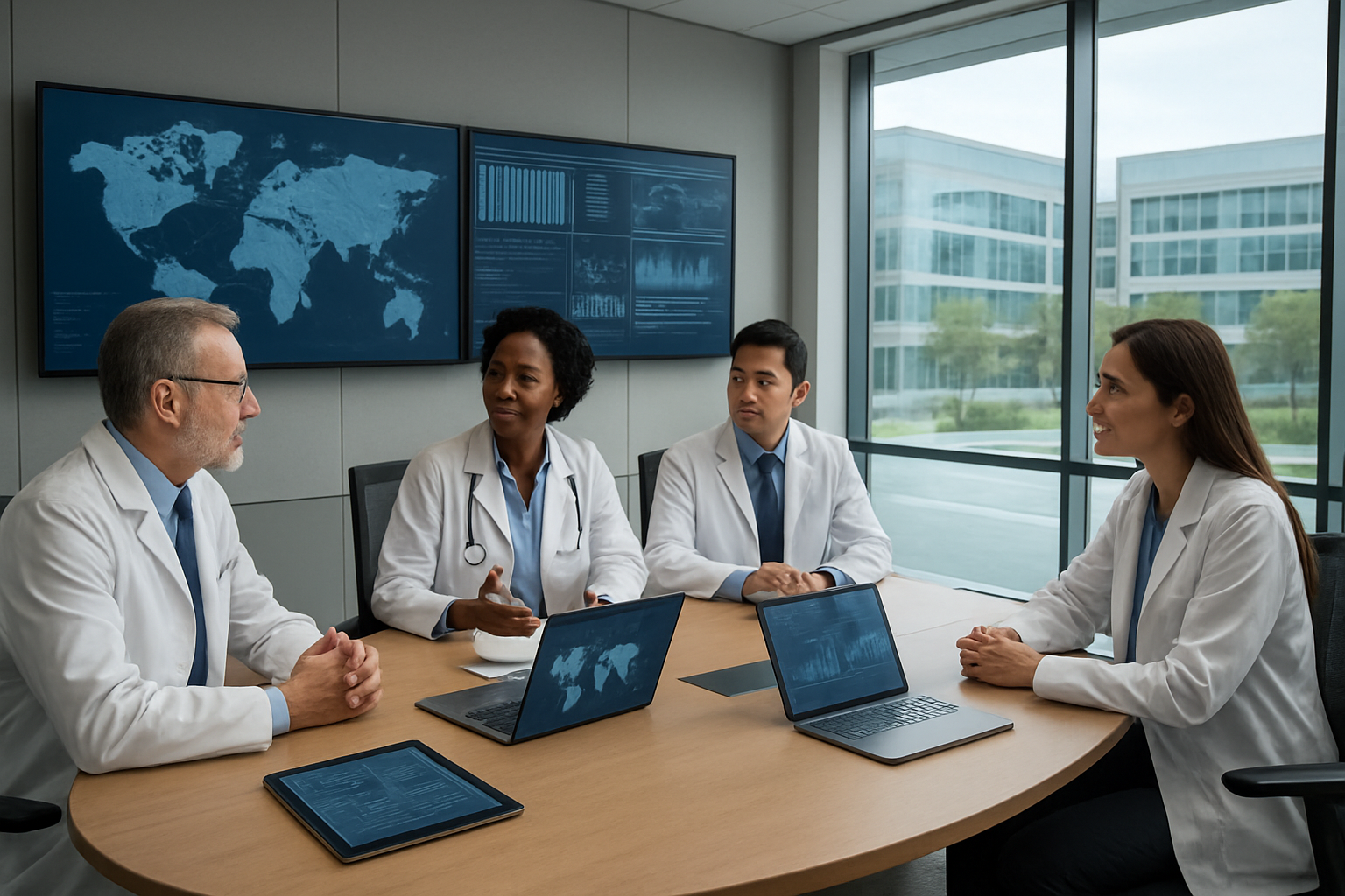 Create a realistic image of a modern conference room with a large curved table where diverse medical researchers including white male, black female, and Asian male doctors in professional attire are engaged in discussion, with multiple large wall-mounted screens displaying world maps with connecting lines between continents, medical data visualizations, and research charts, complemented by laptops and tablets on the table showing collaborative research platforms, set against floor-to-ceiling windows overlooking a contemporary medical research campus, with bright natural lighting creating a professional and innovative atmosphere that conveys international scientific cooperation and cutting-edge medical research collaboration, absolutely NO text should be in the scene.