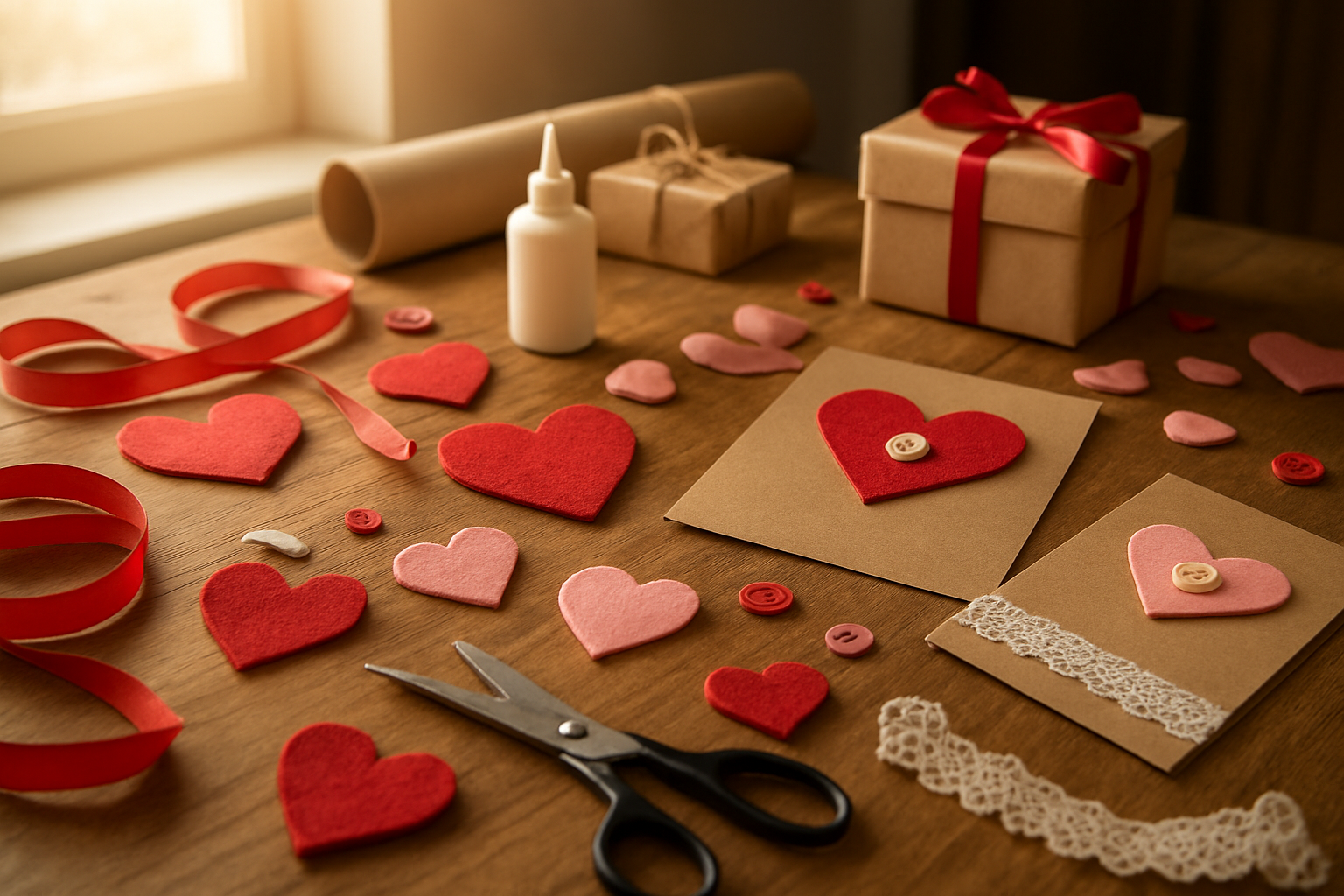 Create a realistic image of a cozy crafting workspace with Valentine's Day DIY gift materials spread across a wooden table, including red and pink felt hearts, ribbons, scissors, glue, handmade cards, small gift boxes, craft paper, decorative elements like buttons and lace, with soft natural lighting from a nearby window creating a warm and creative atmosphere, absolutely NO text should be in the scene.