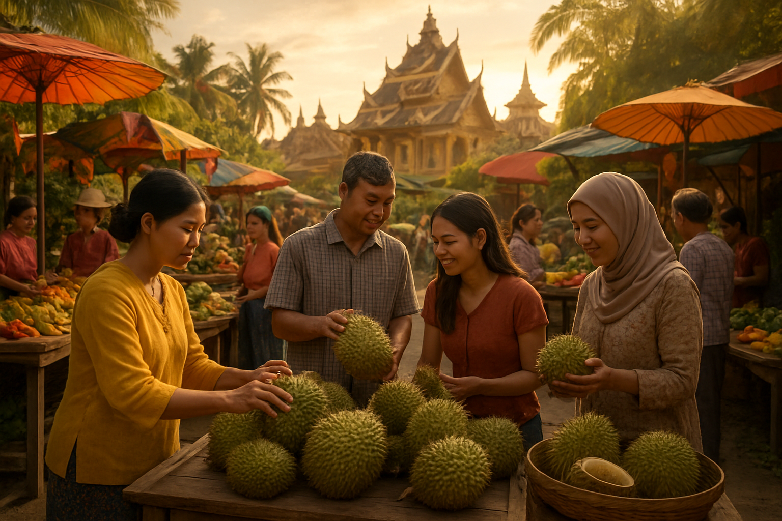 Create a realistic image of a vibrant Southeast Asian marketplace scene with multiple durian fruits displayed prominently on wooden tables and woven baskets, featuring diverse Asian people including Thai, Malaysian, and Indonesian vendors and customers of various genders examining and selecting durians, traditional Southeast Asian architecture with ornate temples or traditional buildings visible in the background, colorful market stalls with tropical fruits, warm golden hour lighting creating a cultural atmosphere, people engaged in traditional fruit trading activities, lush tropical vegetation framing the scene, and traditional Southeast Asian decorative elements like colorful umbrellas and fabric banners, absolutely NO text should be in the scene.