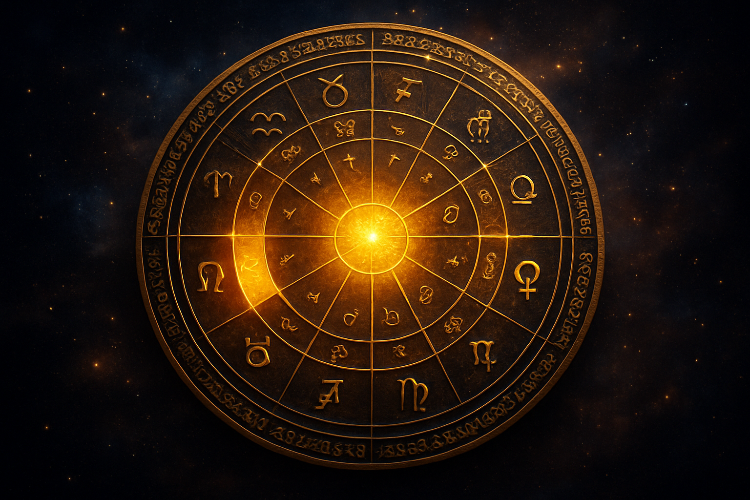Create a realistic image of a detailed astrological chart or horoscope wheel prominently displaying the four kendras (angular houses - 1st, 4th, 7th, and 10th houses) highlighted in golden or bright colors, with celestial symbols and planetary positions clearly marked, set against a deep cosmic background with stars and nebulae, warm mystical lighting emanating from the chart center, ancient Sanskrit or Tamil astrological symbols decorating the borders, creating a powerful and divine atmosphere that represents strength and auspicious results, absolutely NO text should be in the scene.