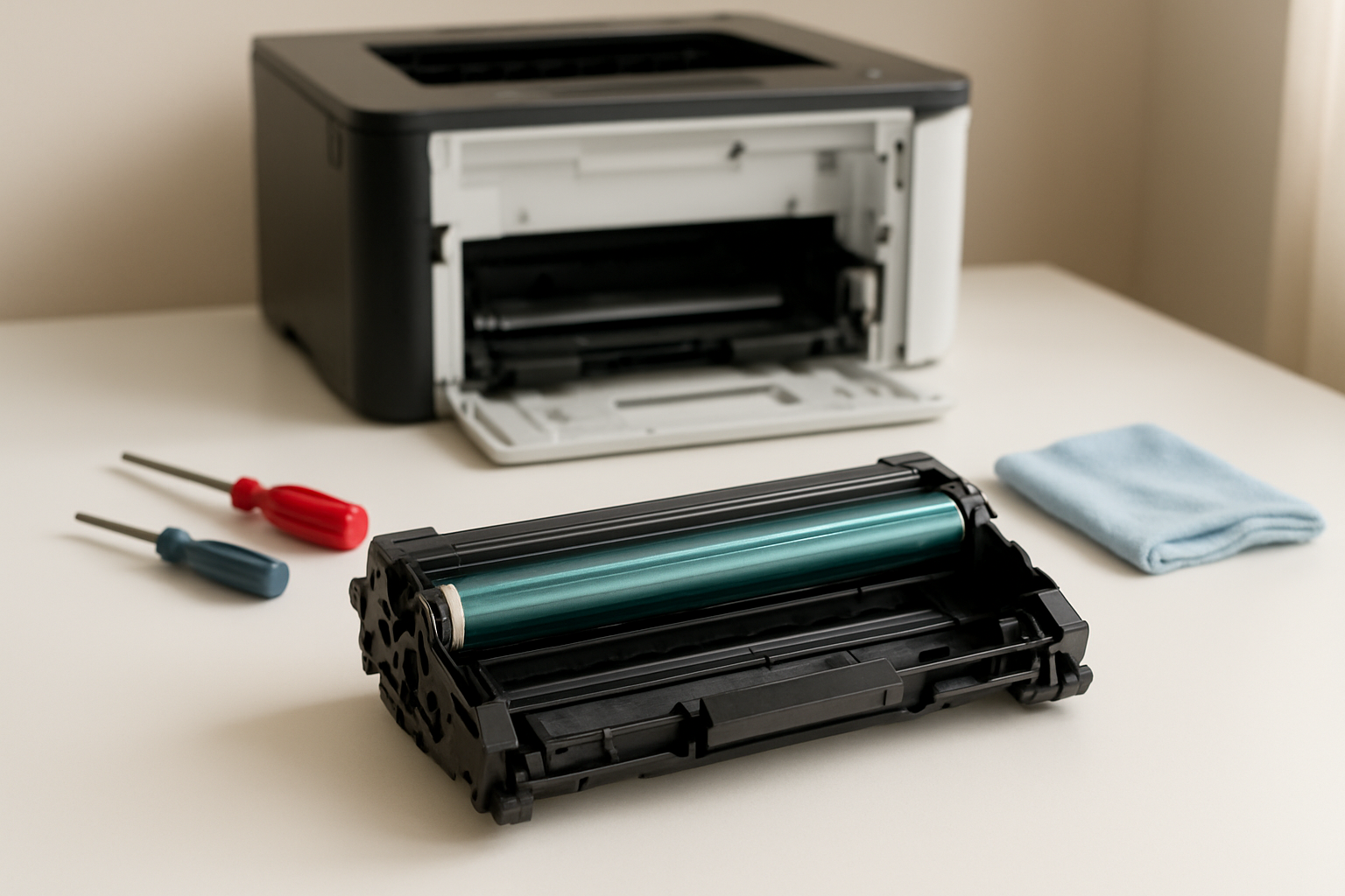 Create a realistic image of a Brother HL-B2000D printer drum cartridge positioned prominently in the center on a clean white desk surface, with a partially disassembled Brother HL-B2000D laser printer in the background showing its open front cover, scattered printer maintenance tools like screwdrivers and cleaning cloths nearby, soft natural lighting from the right side creating gentle shadows, conveying a sense of completion and professional maintenance work, with the overall scene suggesting successful printer servicing and care. Absolutely NO text should be in the scene.