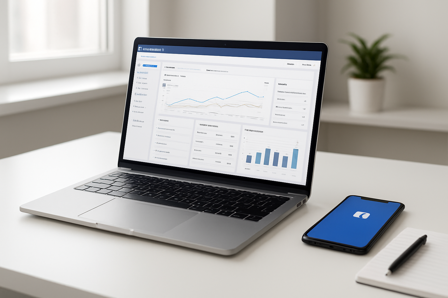 Create a realistic image of a modern laptop computer with Facebook's advertising interface displayed on the screen, showing the Ads Manager dashboard with campaign metrics, targeting options, and ad performance graphs visible, placed on a clean white desk in a bright office environment with soft natural lighting from a window, complemented by a smartphone displaying Facebook mobile interface and a notepad with a pen nearby, creating a professional digital marketing workspace atmosphere. Absolutely NO text should be in the scene.